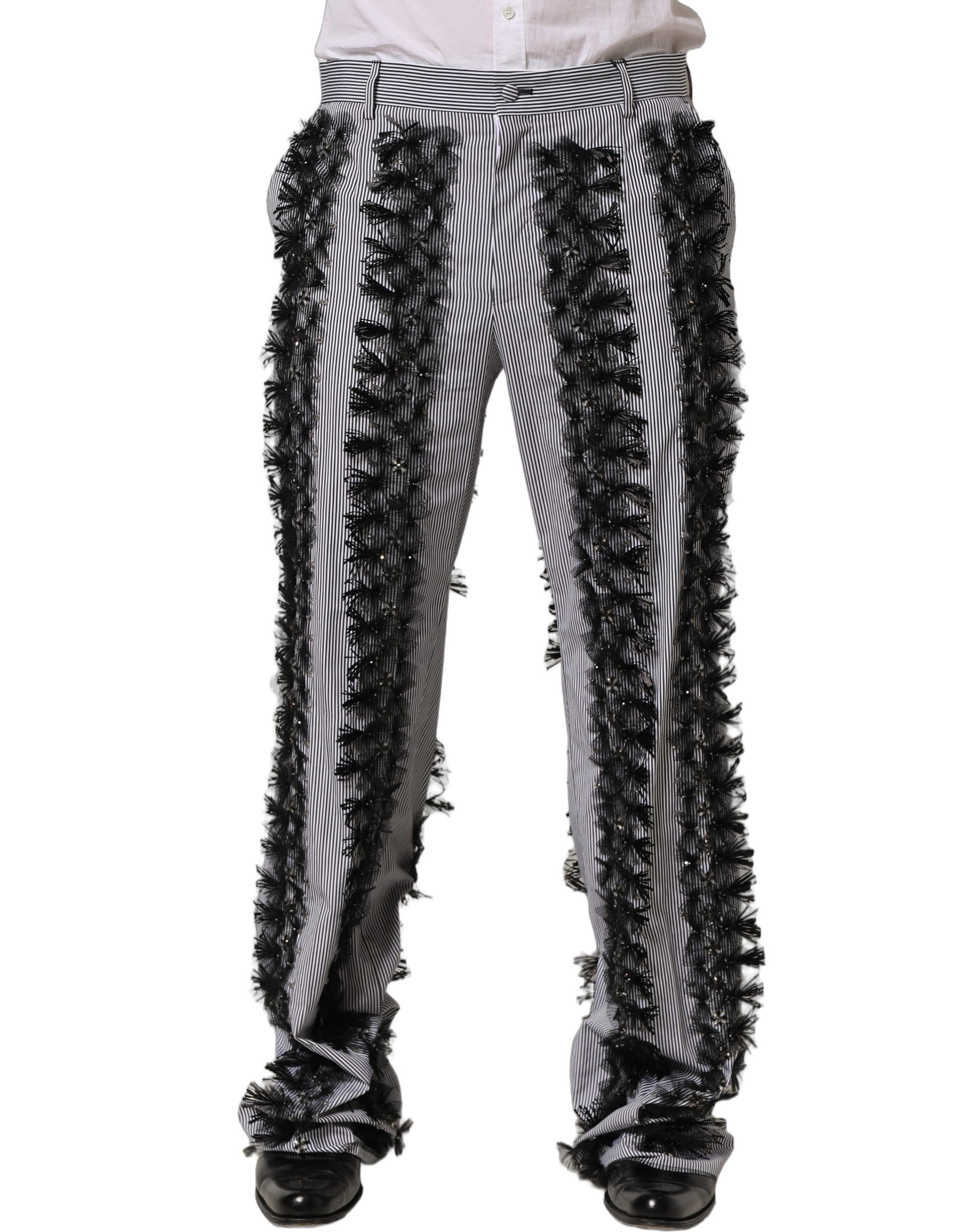 Dolce & Gabbana Schwarze und graue Nadelstreifen-Hose mit Verzierungen
