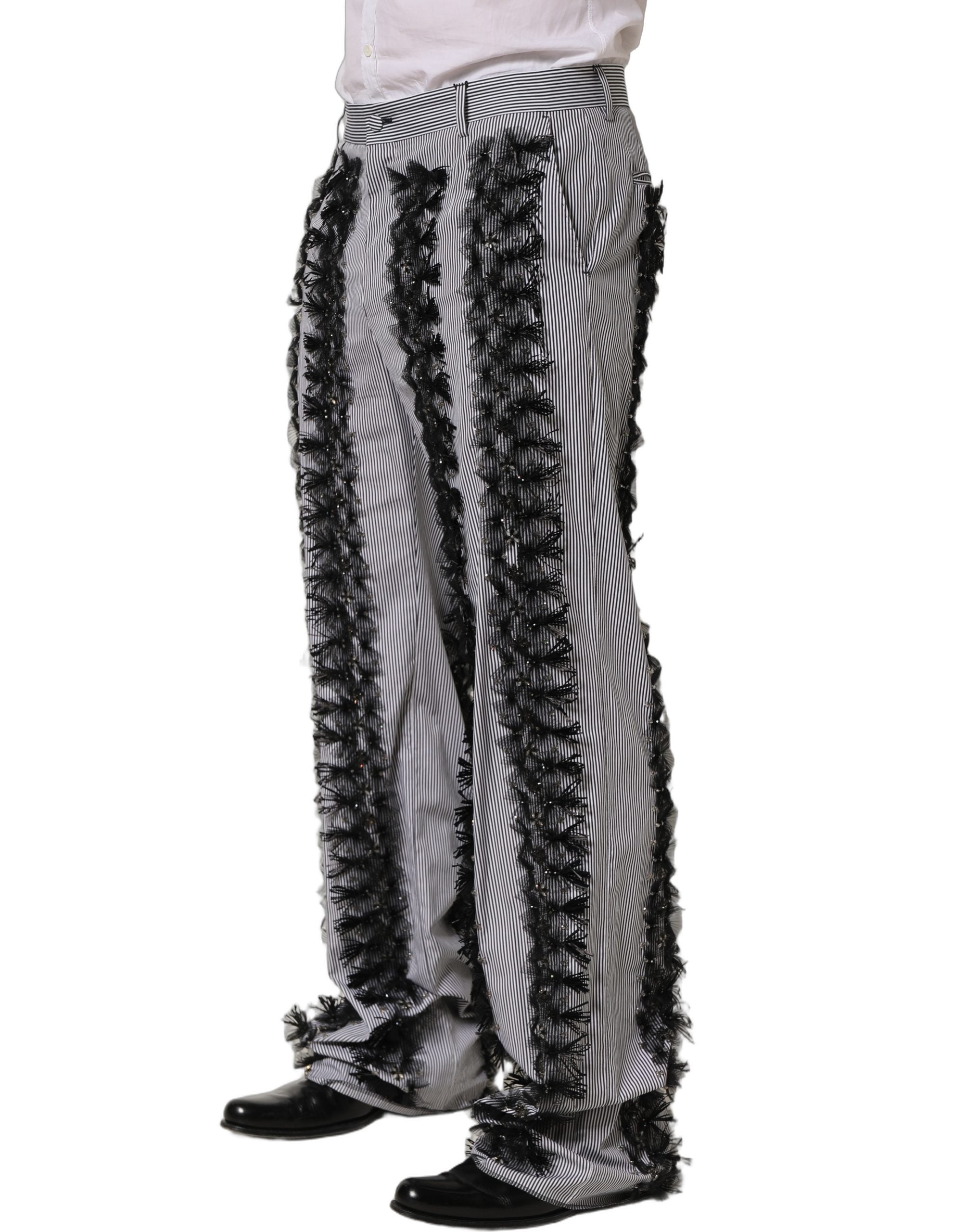 Dolce & Gabbana Schwarze und graue Nadelstreifen-Hose mit Verzierungen