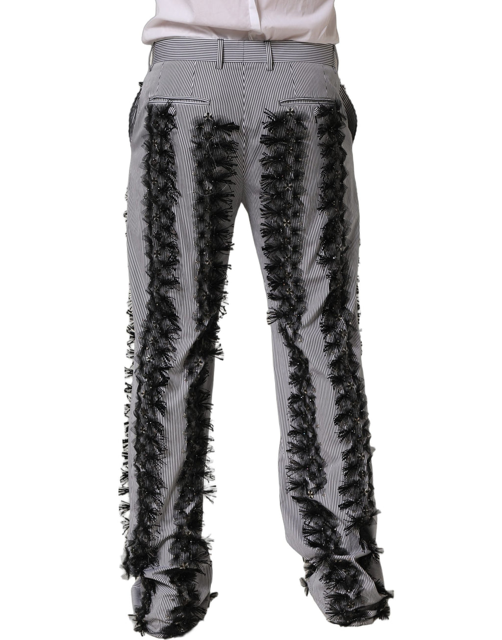 Dolce & Gabbana Schwarze und graue Nadelstreifen-Hose mit Verzierungen