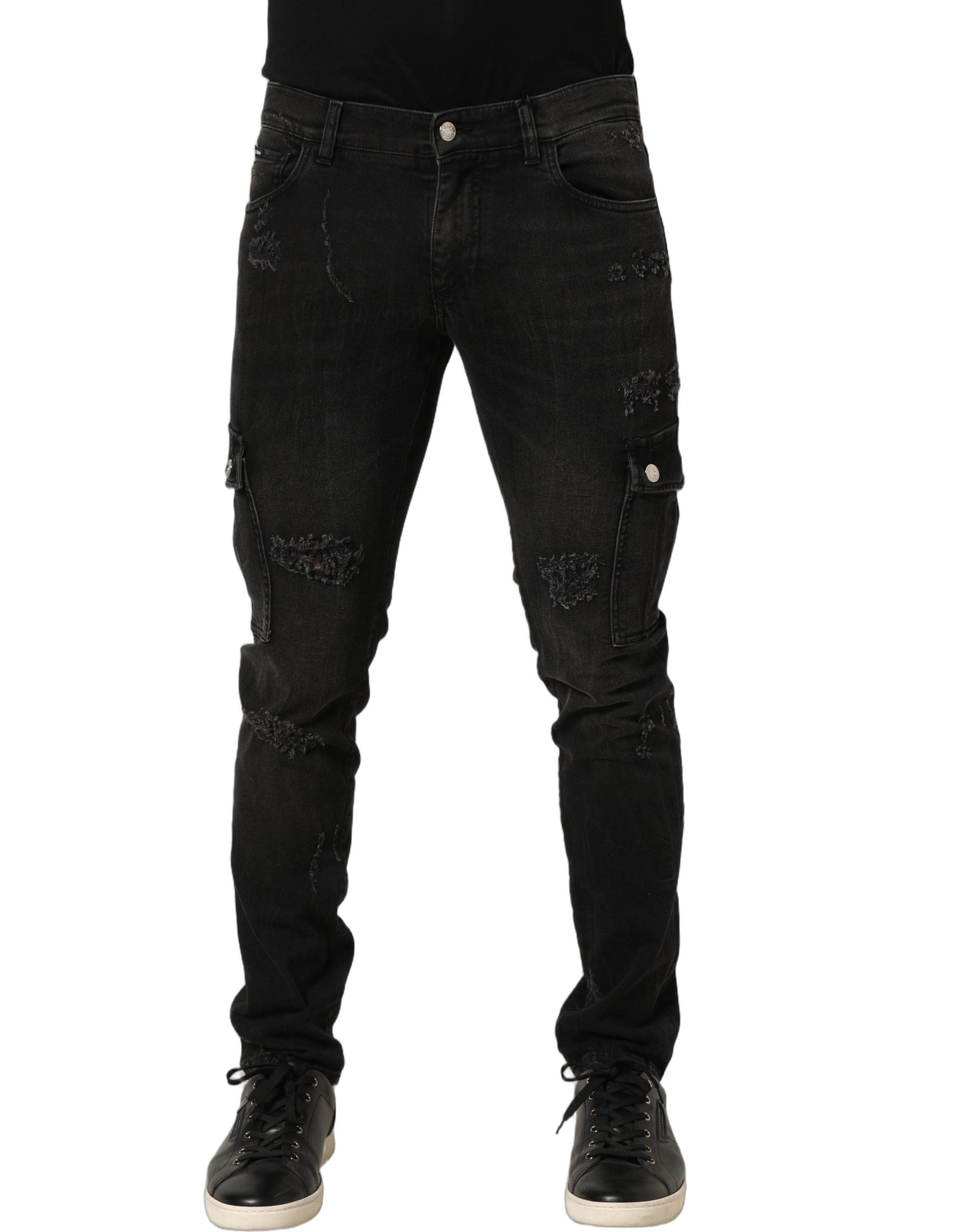 Dolce & Gabbana Schwarze Herren-Jeans aus Baumwolle mit Used-Look und Cargo-Taschen