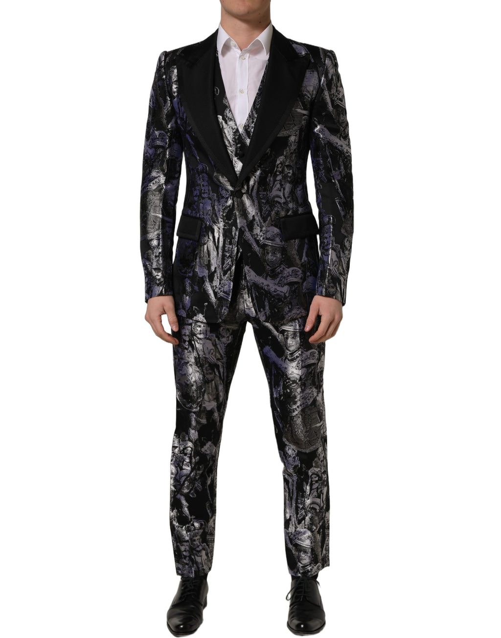 Dolce & Gabbana Schwarzer Jacquard Slim Fit Anzug im 3-teiligen Set