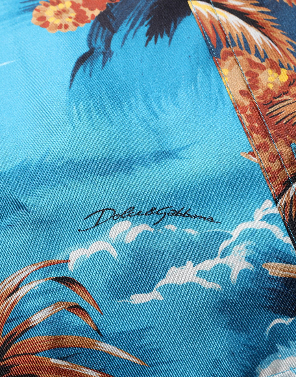 Dolce & Gabbana Blaues Seiden-Twill-Hemd mit Hawaiian-Print