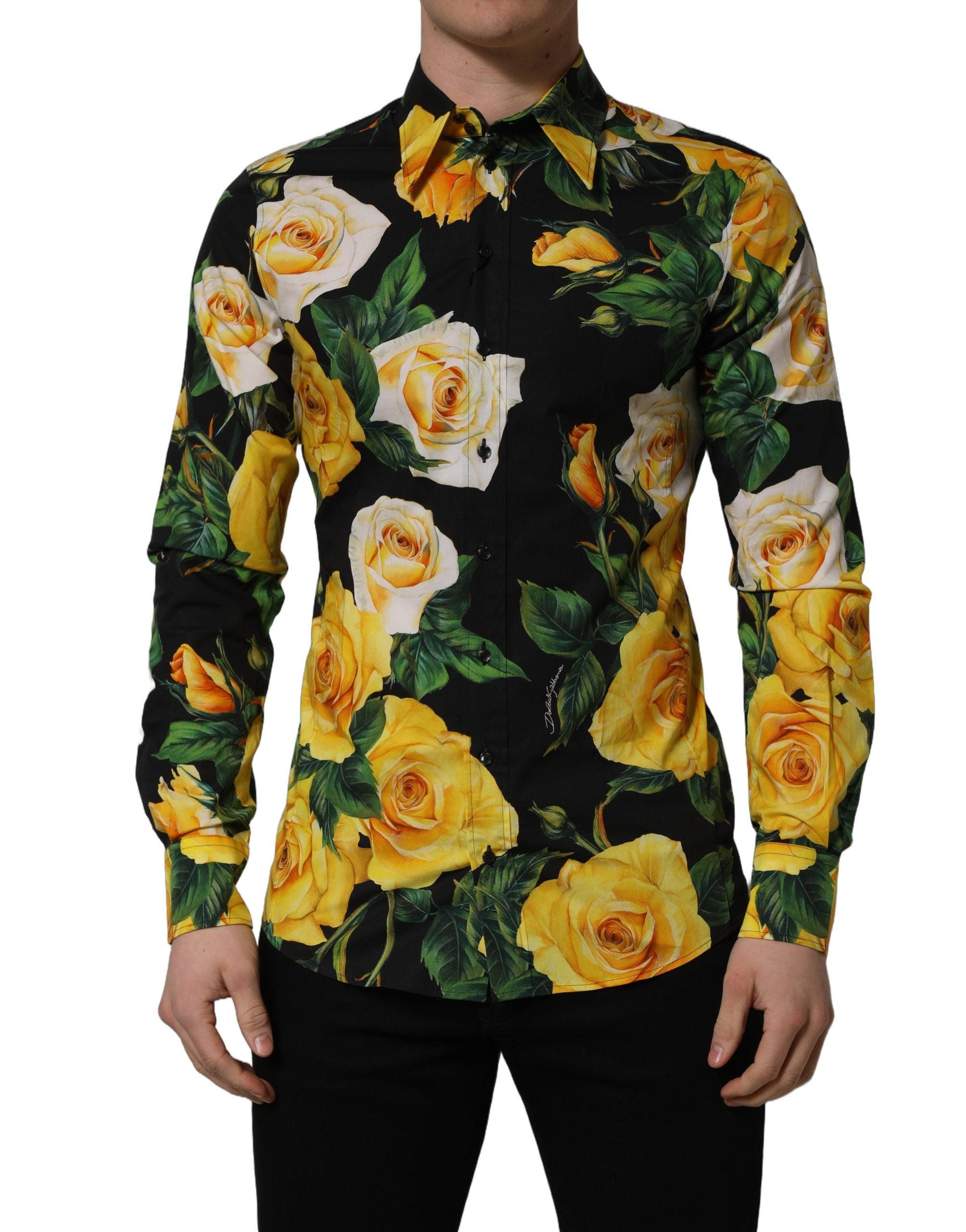 Dolce & Gabbana Schwarzes Stretch-Baumwollhemd SICILIA Fit mit Blumenmuster