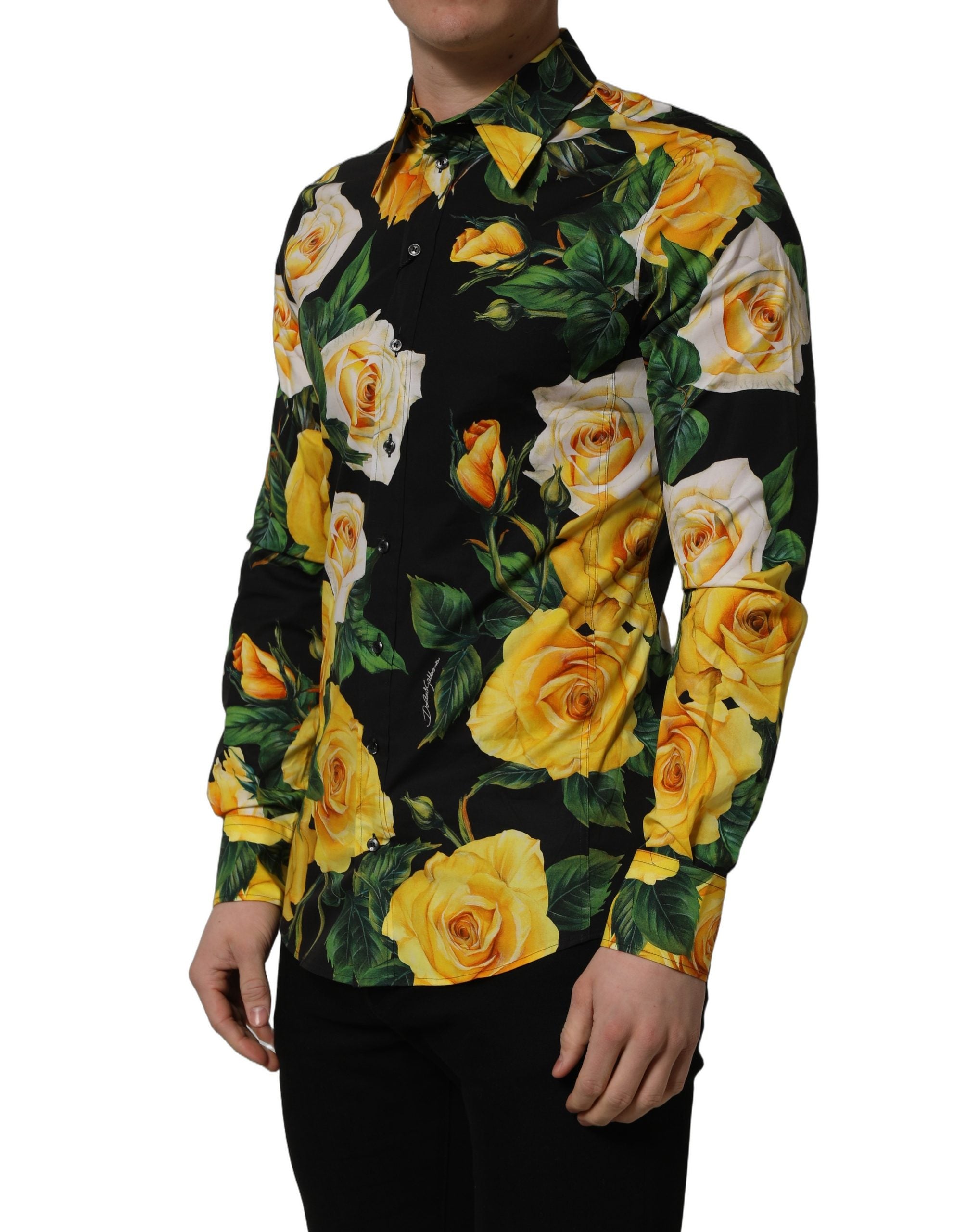 Dolce & Gabbana Schwarzes Stretch-Baumwollhemd SICILIA Fit mit Blumenmuster