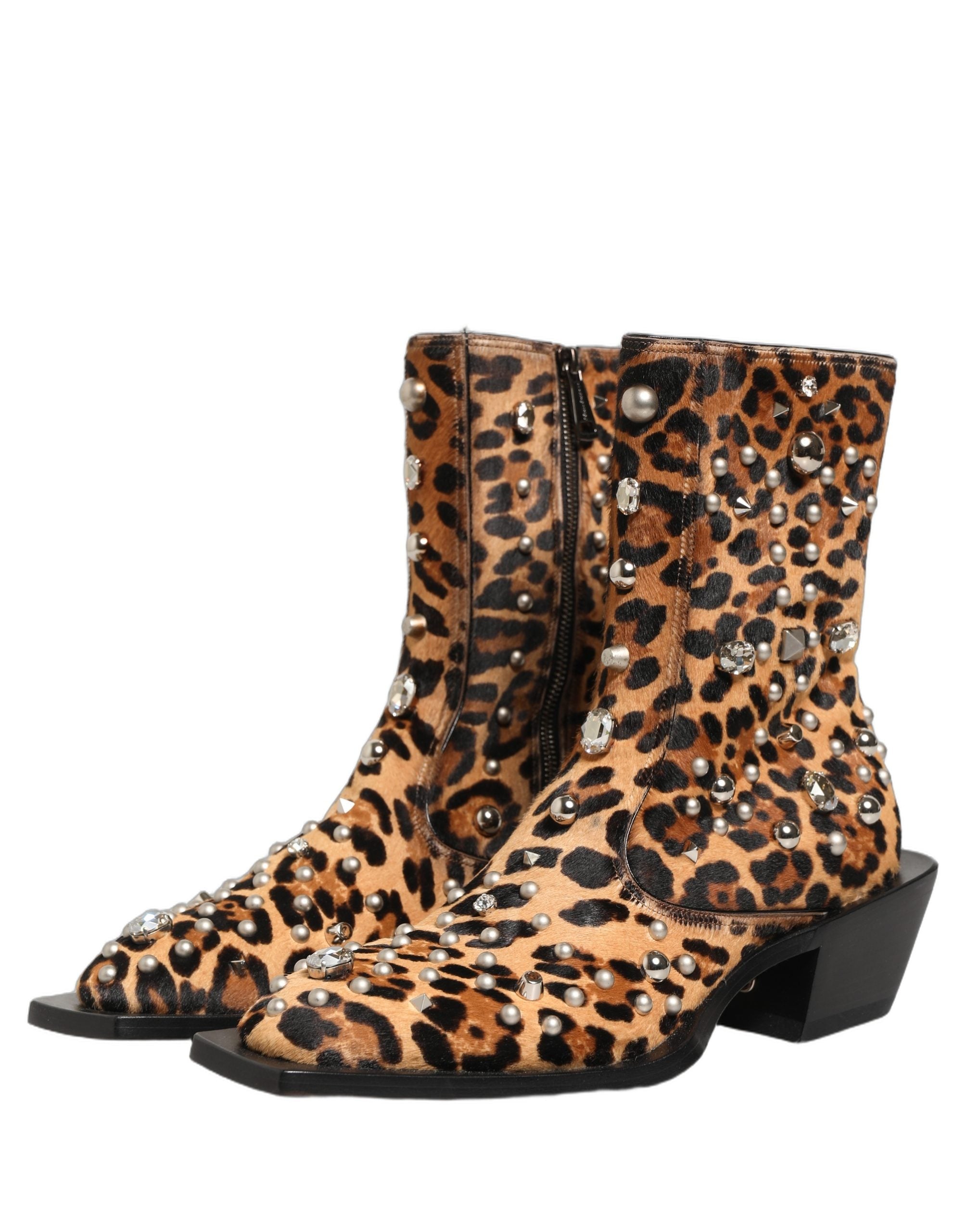 Dolce & Gabbana Braune Herren-Stiefel in Mid-Calf-Länge mit Leopardenmuster und Verzierungen