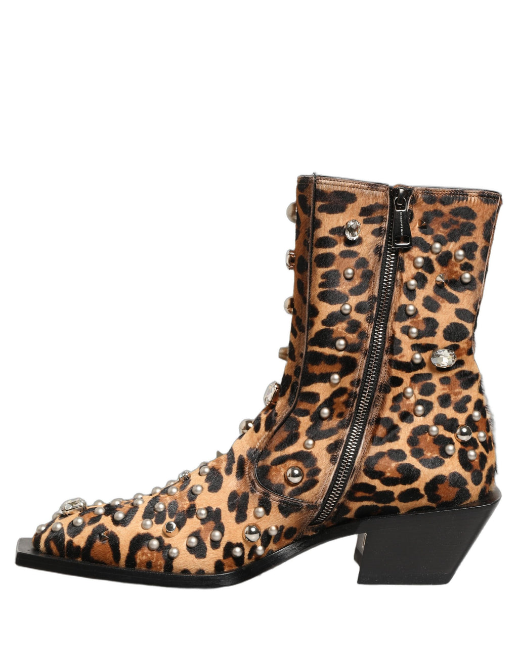 Dolce & Gabbana Braune Herren-Stiefel in Mid-Calf-Länge mit Leopardenmuster und Verzierungen