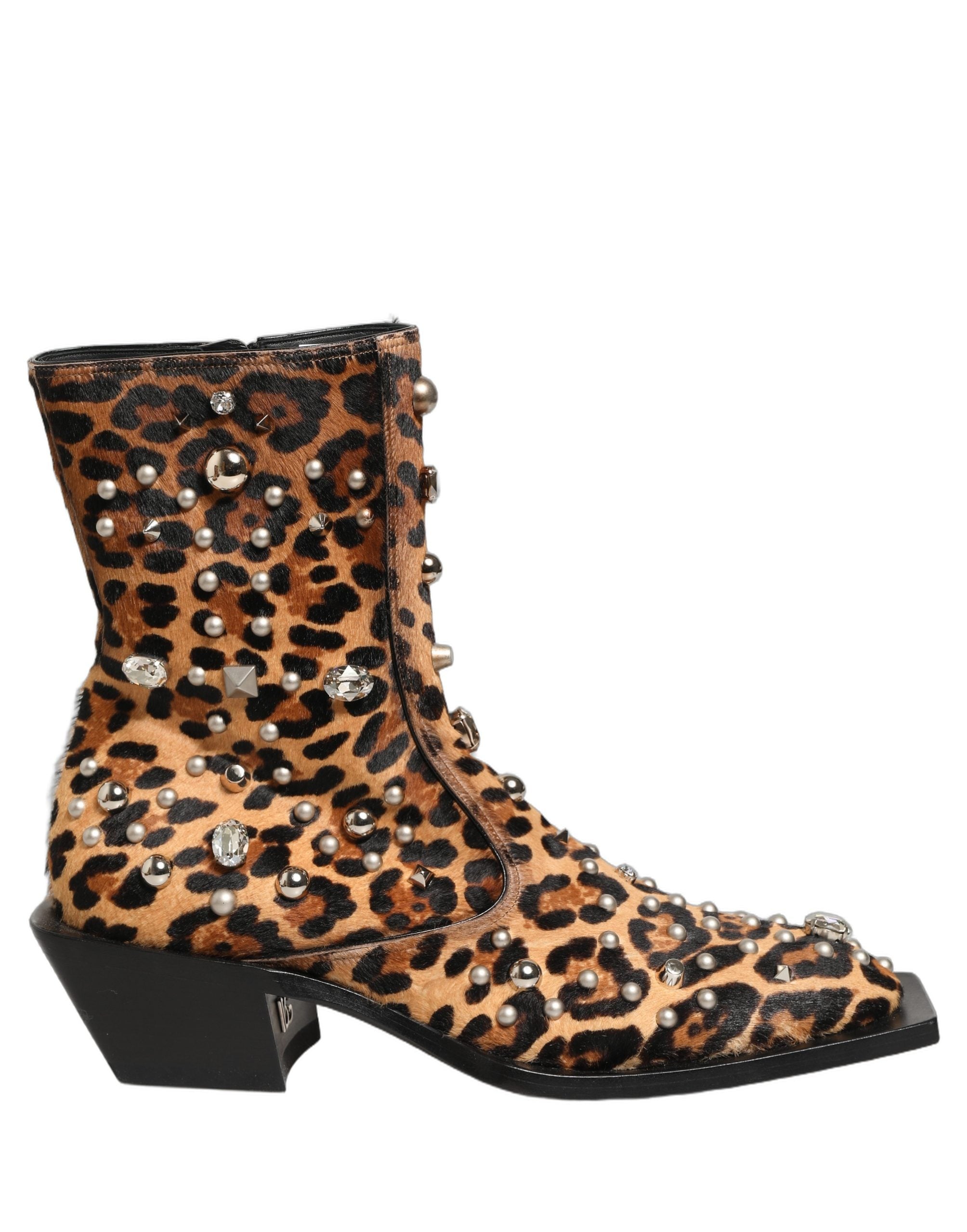 Dolce & Gabbana Braune Herren-Stiefel in Mid-Calf-Länge mit Leopardenmuster und Verzierungen