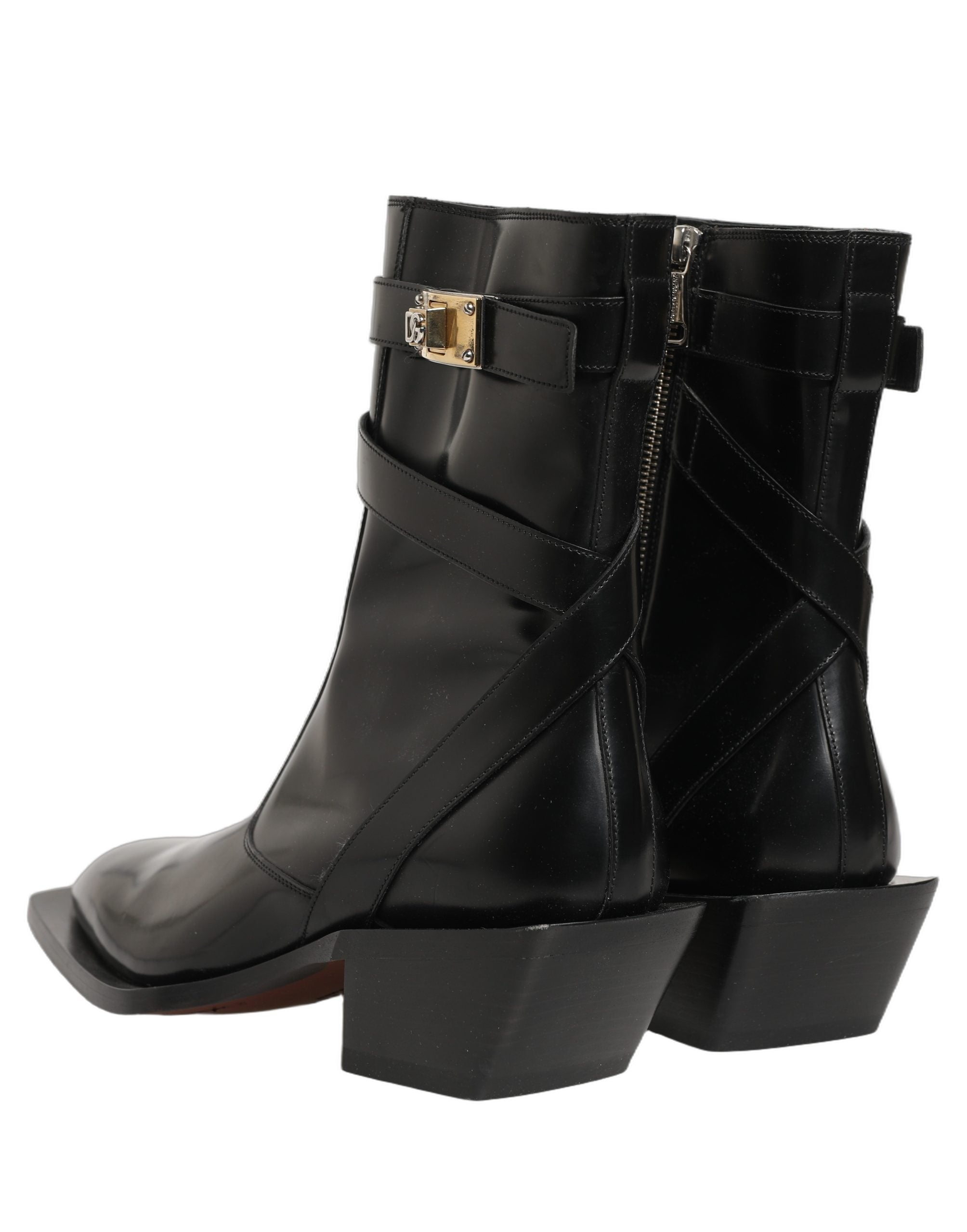 Dolce & Gabbana Schwarze Lederstiefel mit DG-Plakette, mittelhoher Schaft