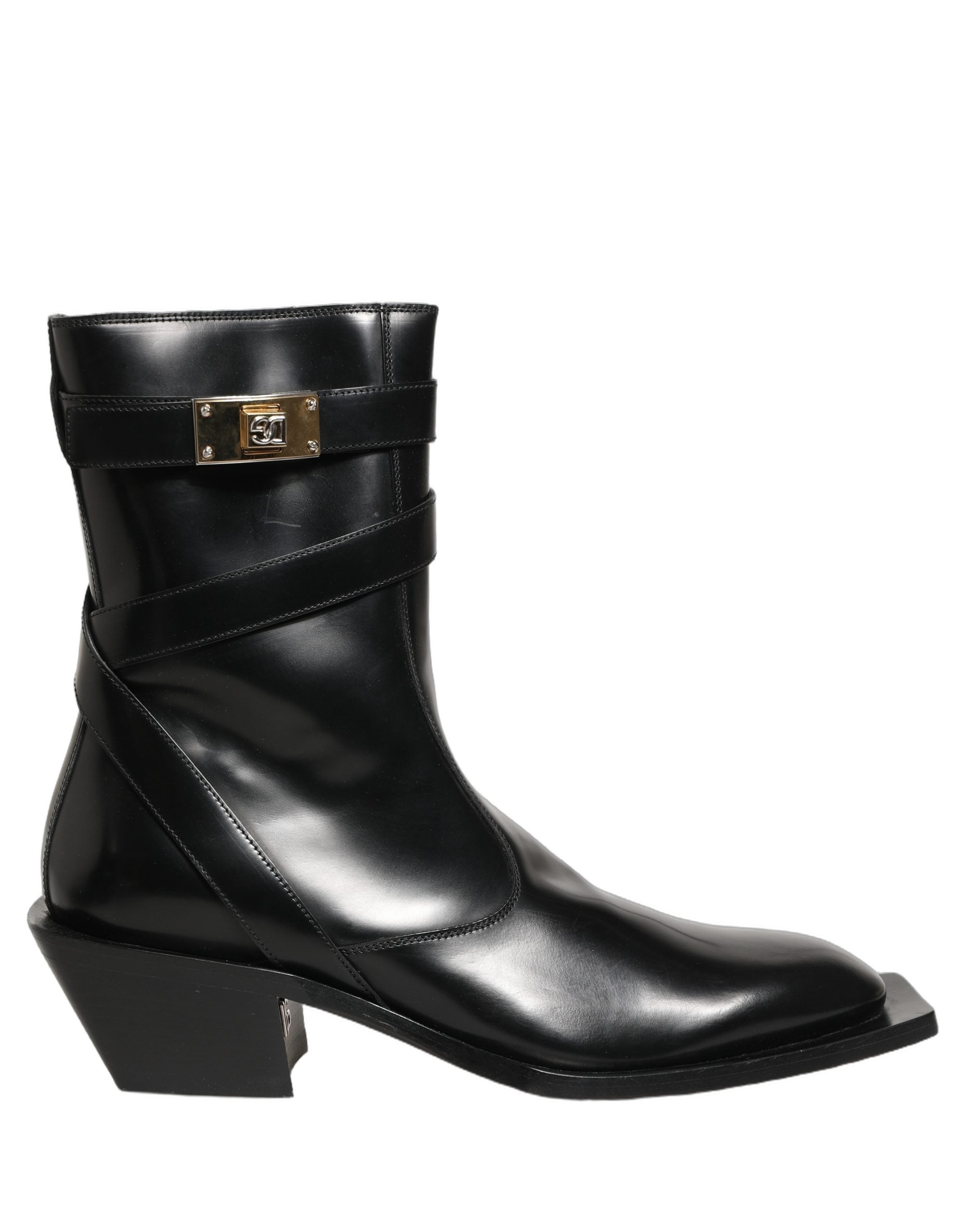 Dolce & Gabbana Schwarze Lederstiefel mit DG-Plakette, mittelhoher Schaft