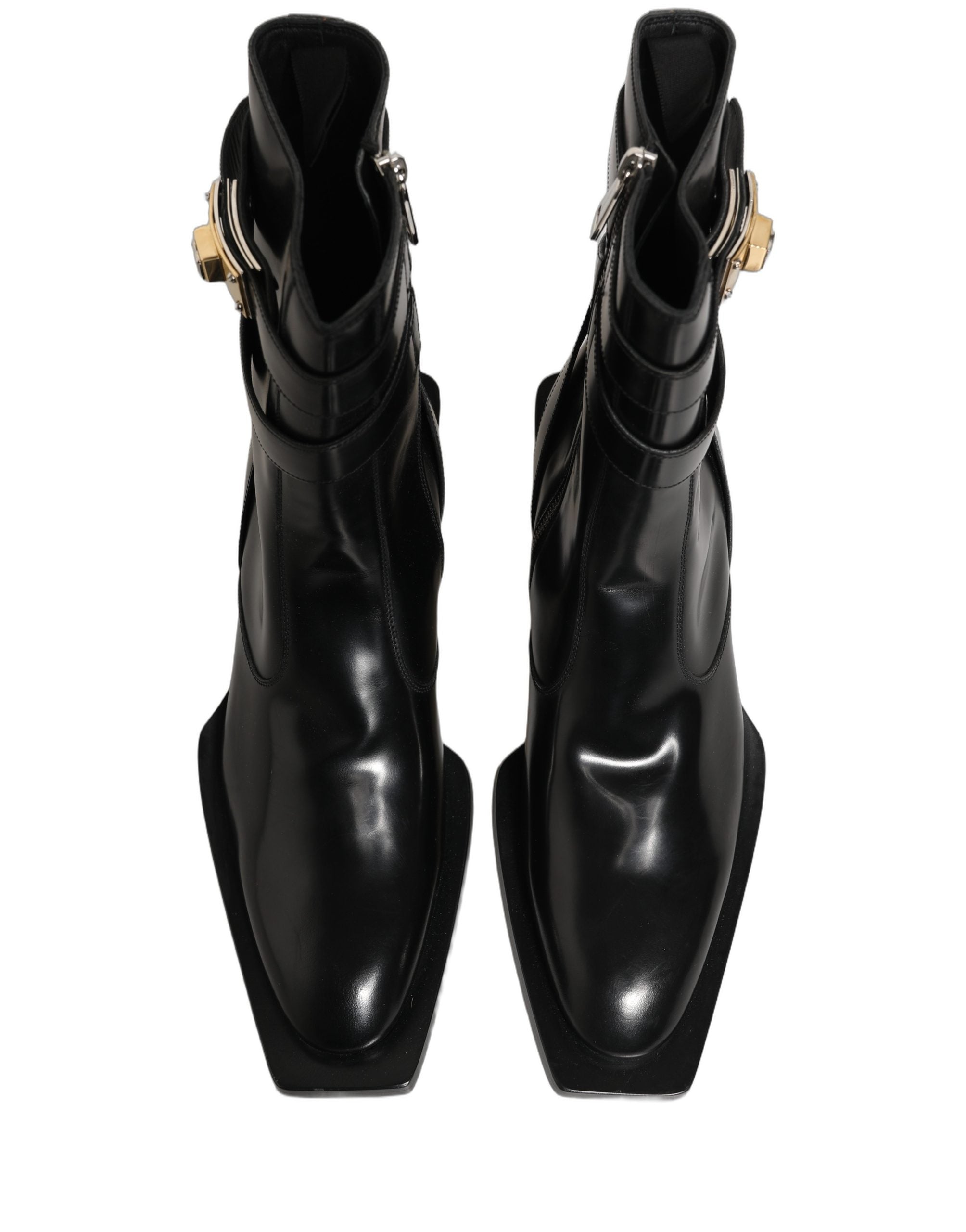 Dolce & Gabbana Schwarze Lederstiefel mit DG-Plakette, mittelhoher Schaft