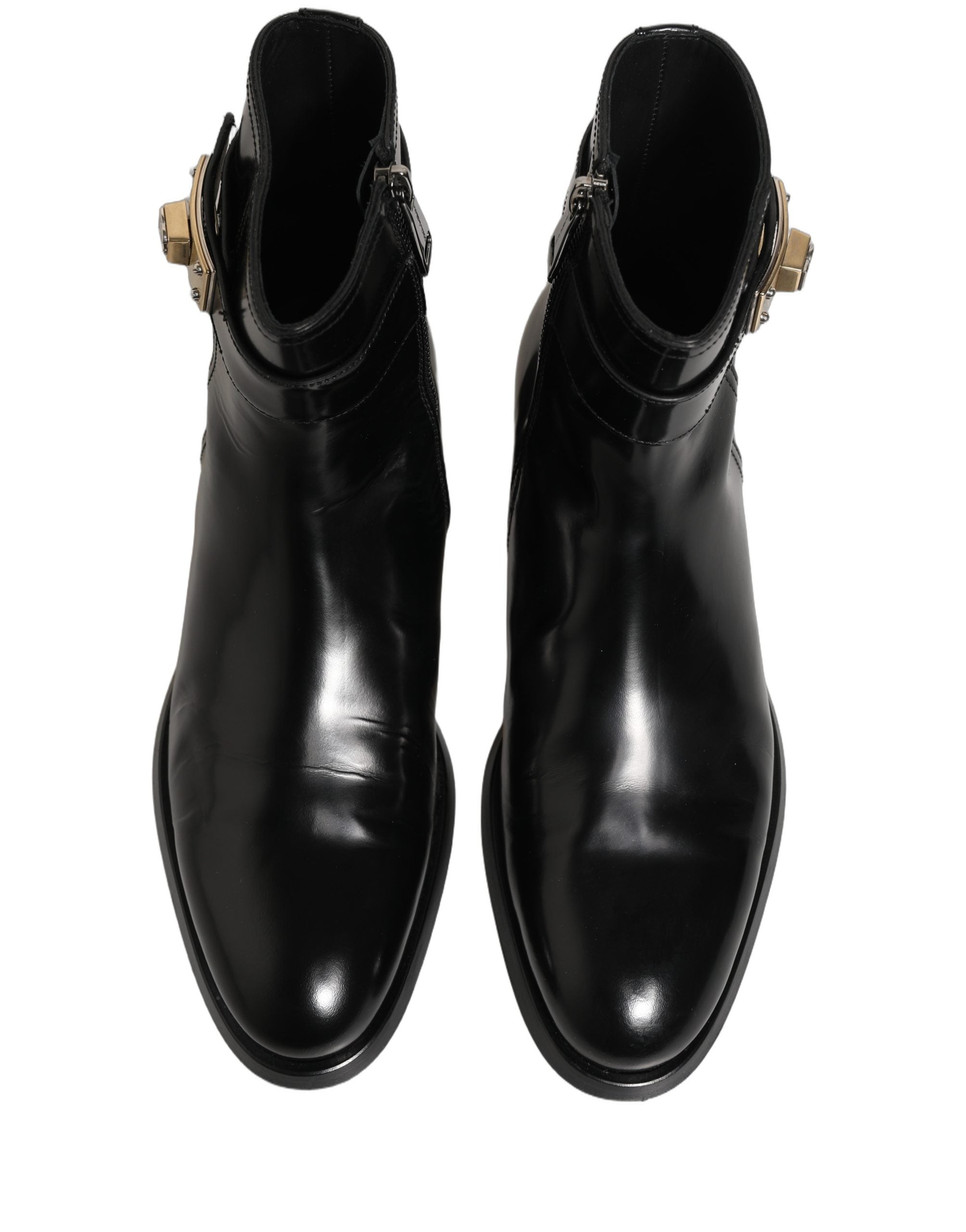 Dolce & Gabbana Schwarze Lederstiefel mit Logo-Schnalle, mittelhoher Schaft