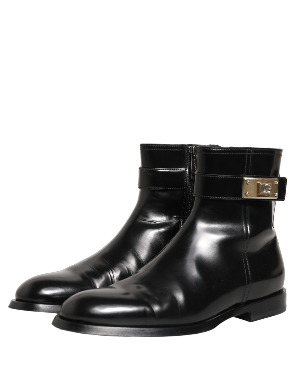 Dolce & Gabbana Schwarze Lederstiefel mit Logo-Schnalle, mittelhoher Schaft