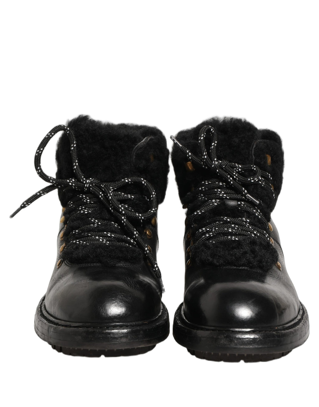 Dolce & Gabbana Schwarze Trekking-Stiefel aus Leder mit Schnürung und Pelzbesatz