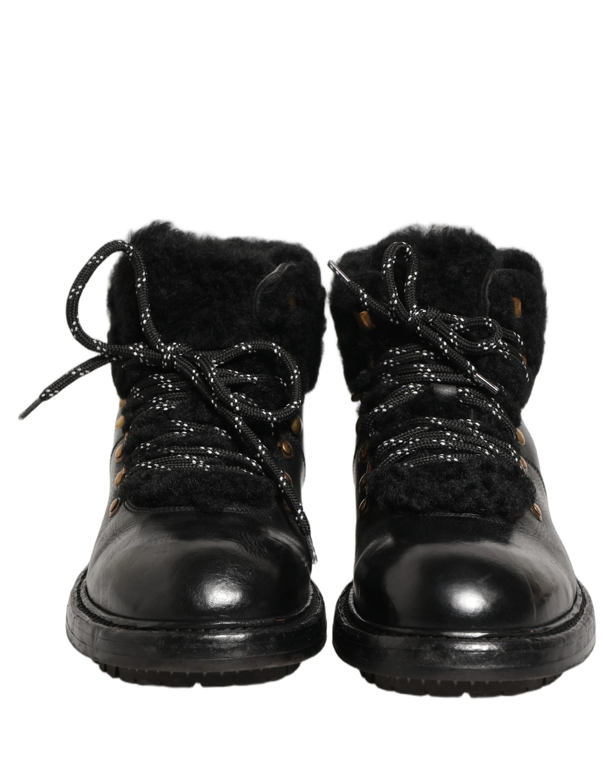 Dolce & Gabbana Schwarze Trekking-Stiefel aus Leder mit Schnürung und Pelzbesatz