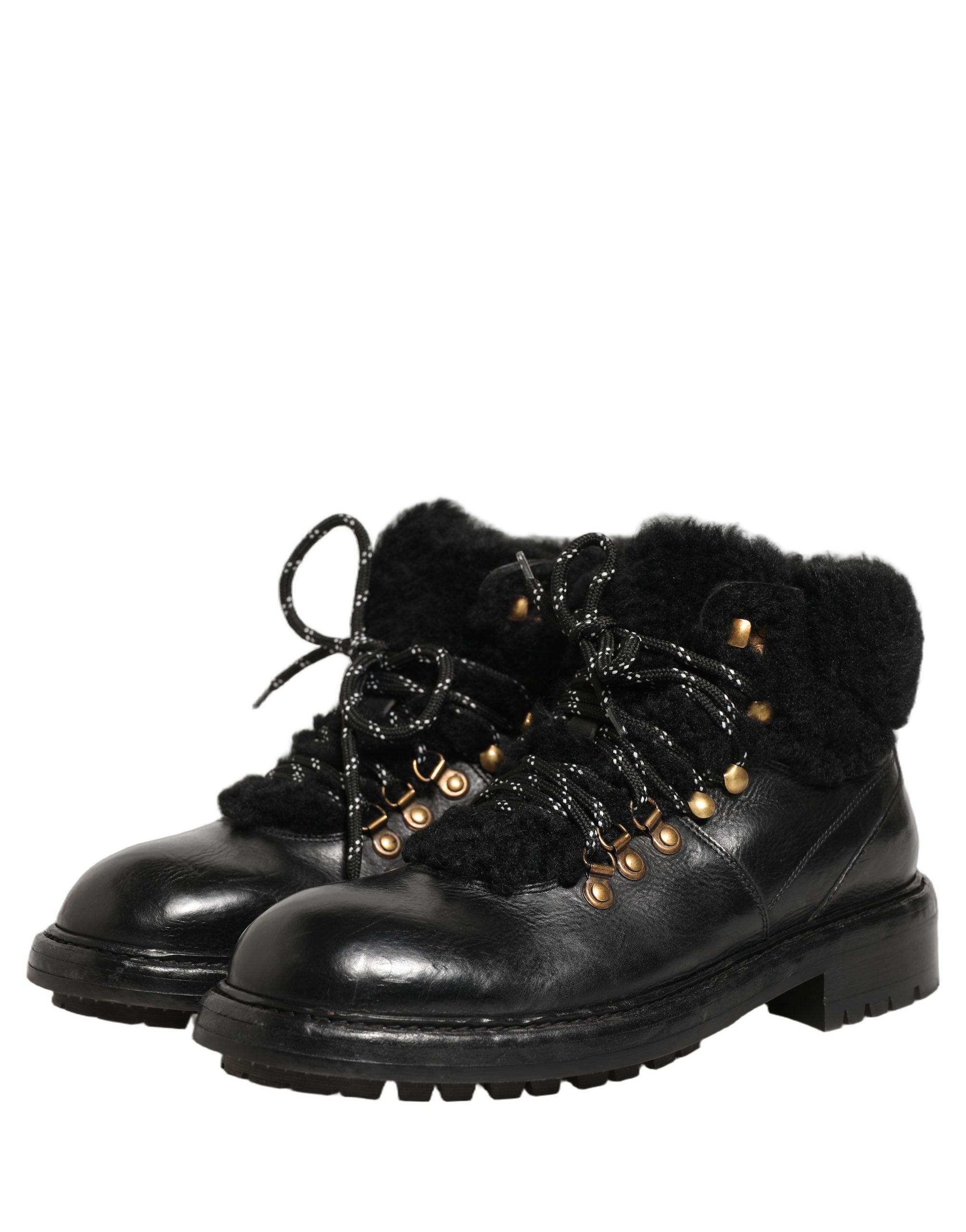 Dolce & Gabbana Schwarze Trekking-Stiefel aus Leder mit Schnürung und Pelzbesatz