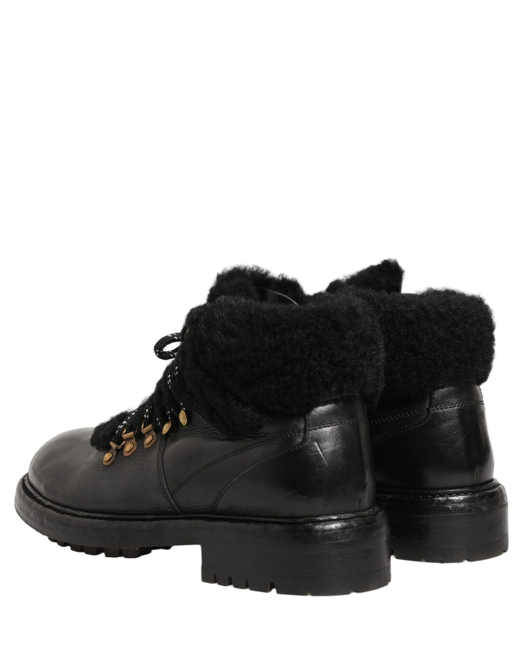 Dolce & Gabbana Schwarze Trekking-Stiefel aus Leder mit Schnürung und Pelzbesatz