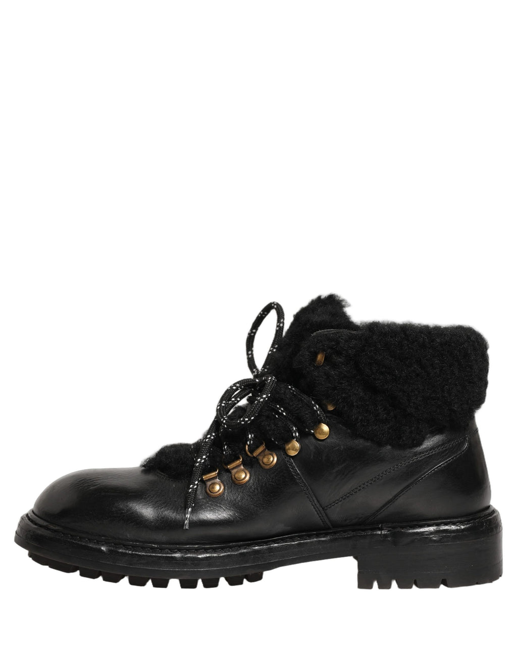 Dolce & Gabbana Schwarze Trekking-Stiefel aus Leder mit Schnürung und Pelzbesatz