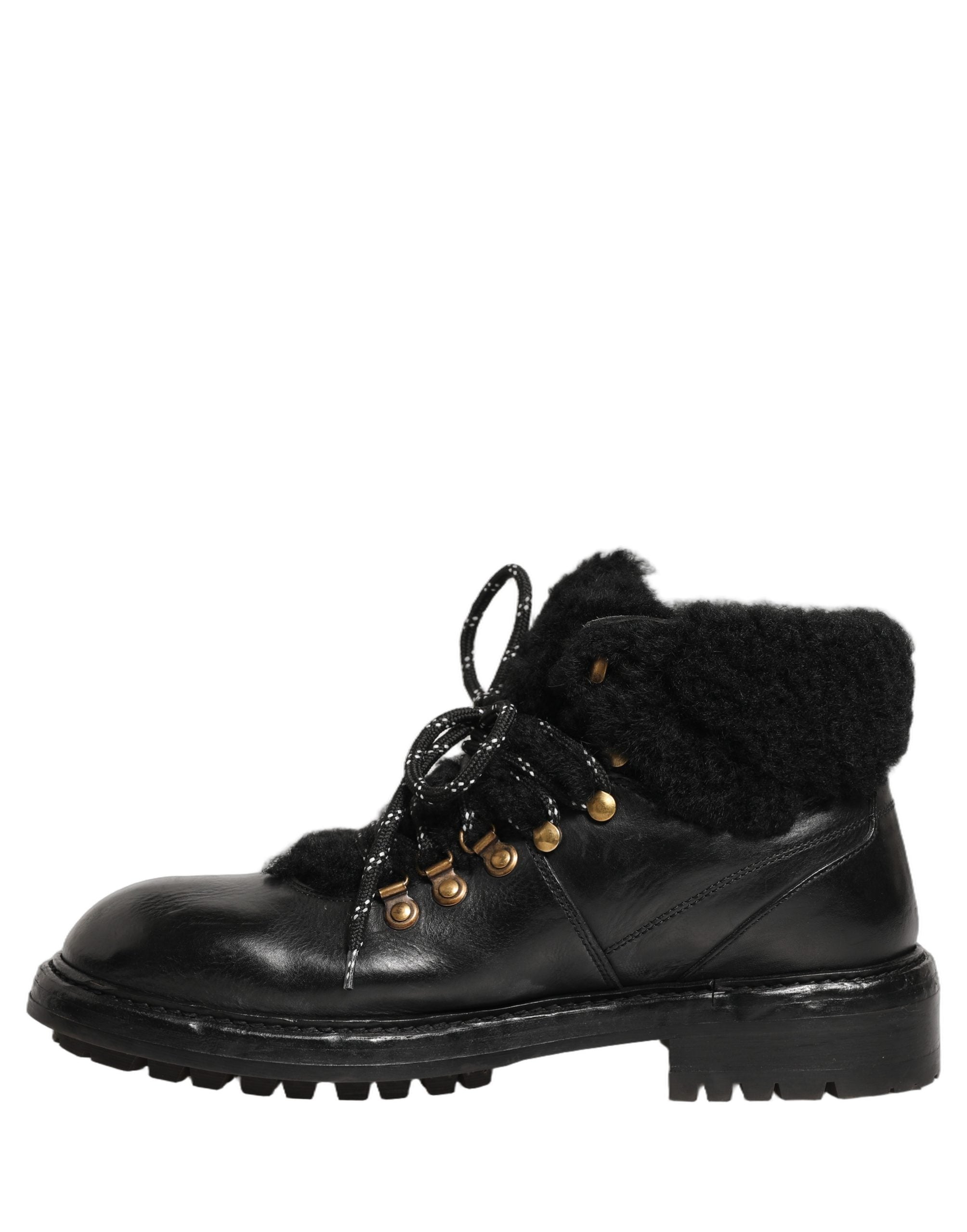 Dolce & Gabbana Schwarze Trekking-Stiefel aus Leder mit Schnürung und Pelzbesatz