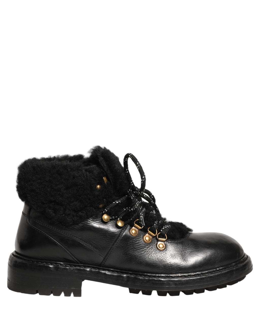 Dolce & Gabbana Schwarze Trekking-Stiefel aus Leder mit Schnürung und Pelzbesatz