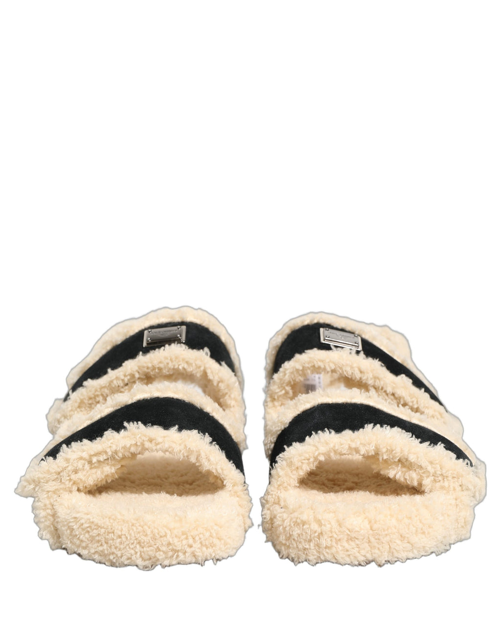 Dolce & Gabbana Beige Schwarze Faux Fur Pantoletten Herren Sandalen Schuhe