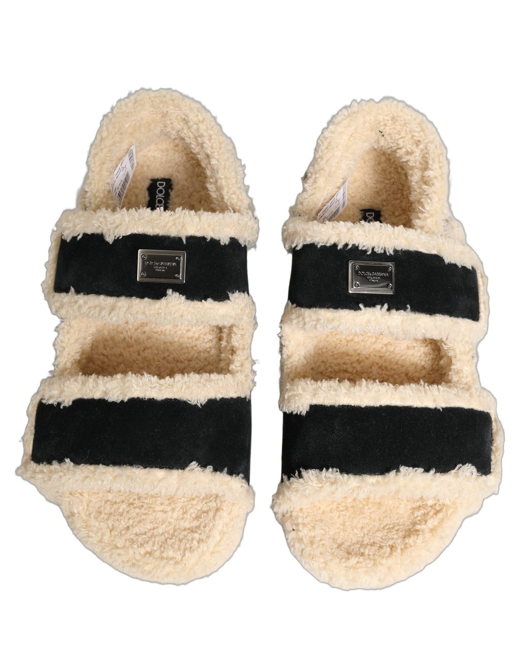 Dolce & Gabbana Beige Schwarze Faux Fur Pantoletten Herren Sandalen Schuhe