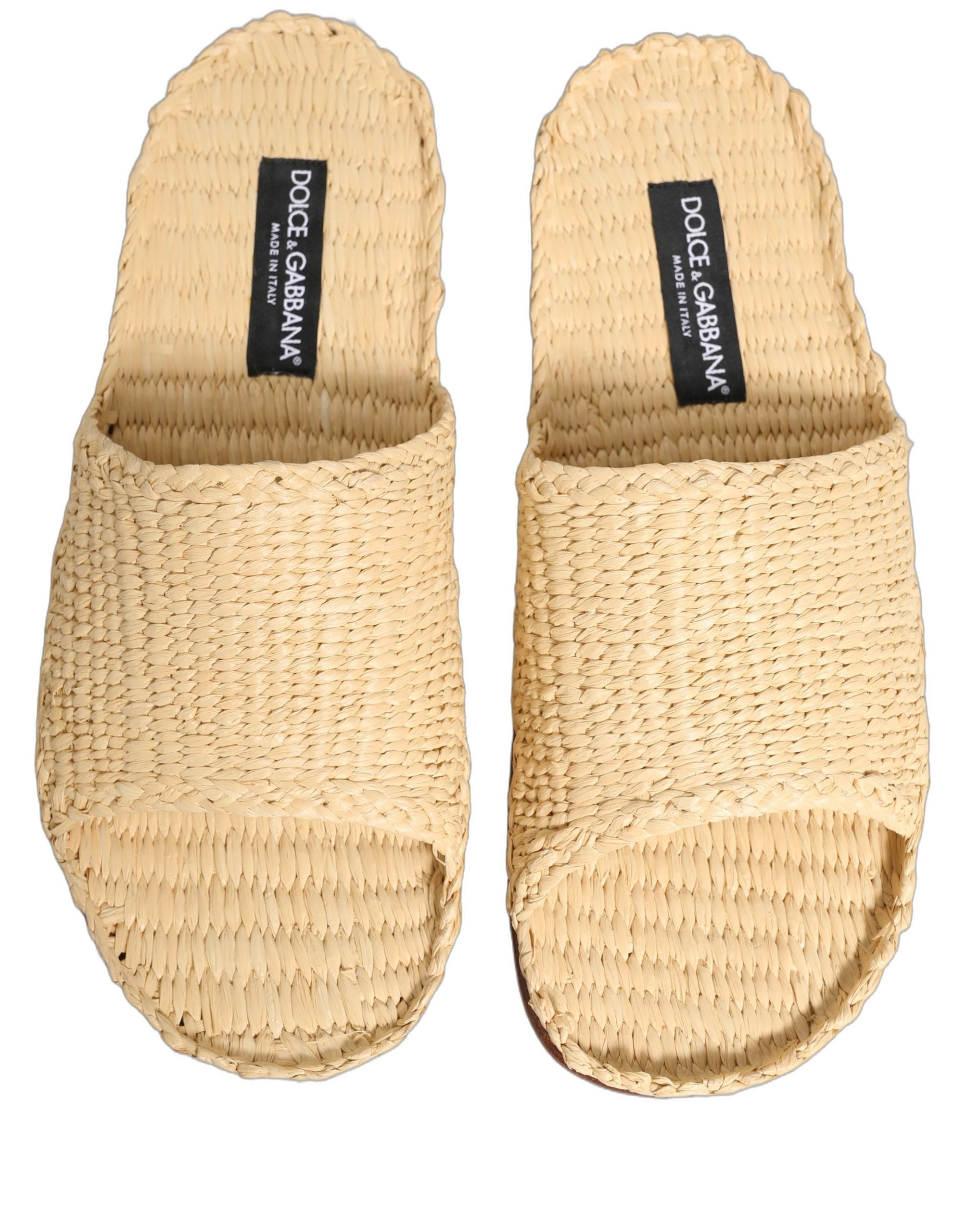Dolce & Gabbana Beige Stroh-Raffia-Slipper Sandalen Flache Schuhe