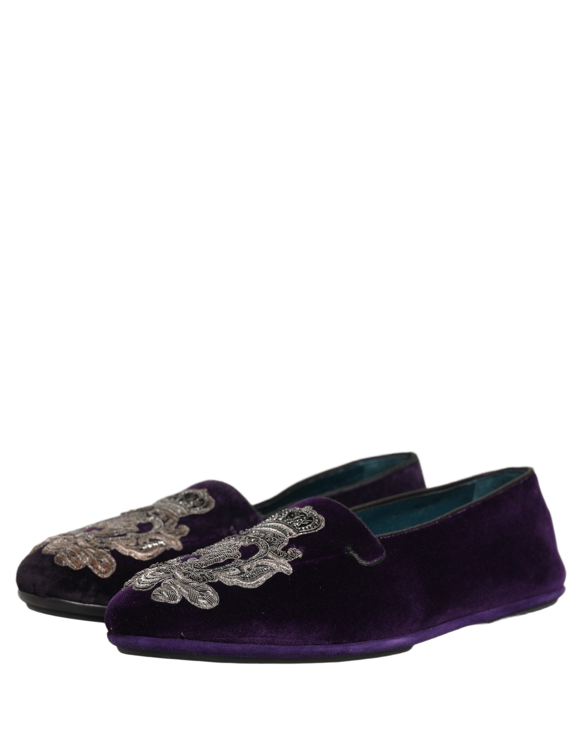 Dolce & Gabbana Lila Samt Loafer mit Kronenstickerei