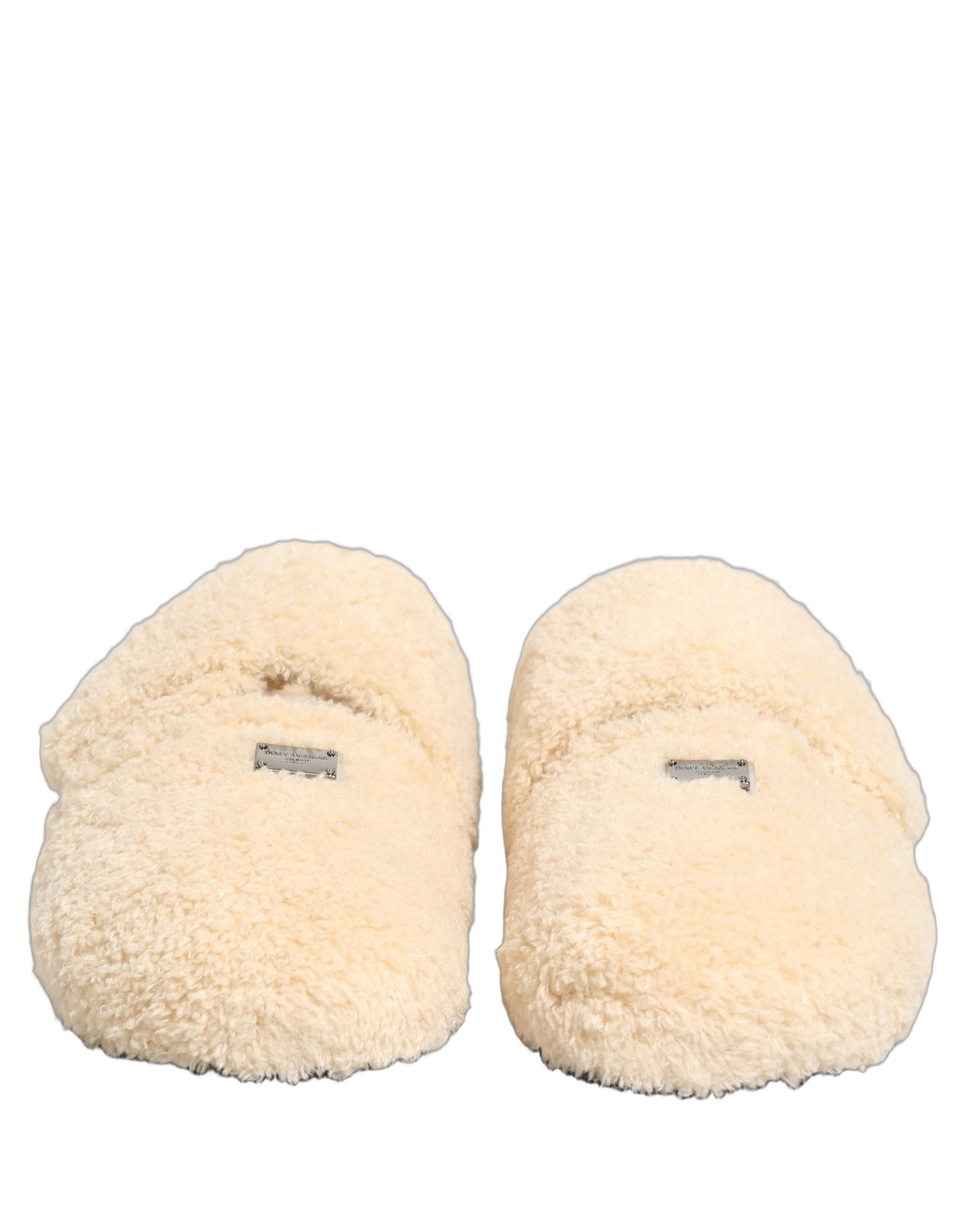 Dolce & Gabbana Beige Faux Fur Pantoletten Herren Sandalen Schuhe