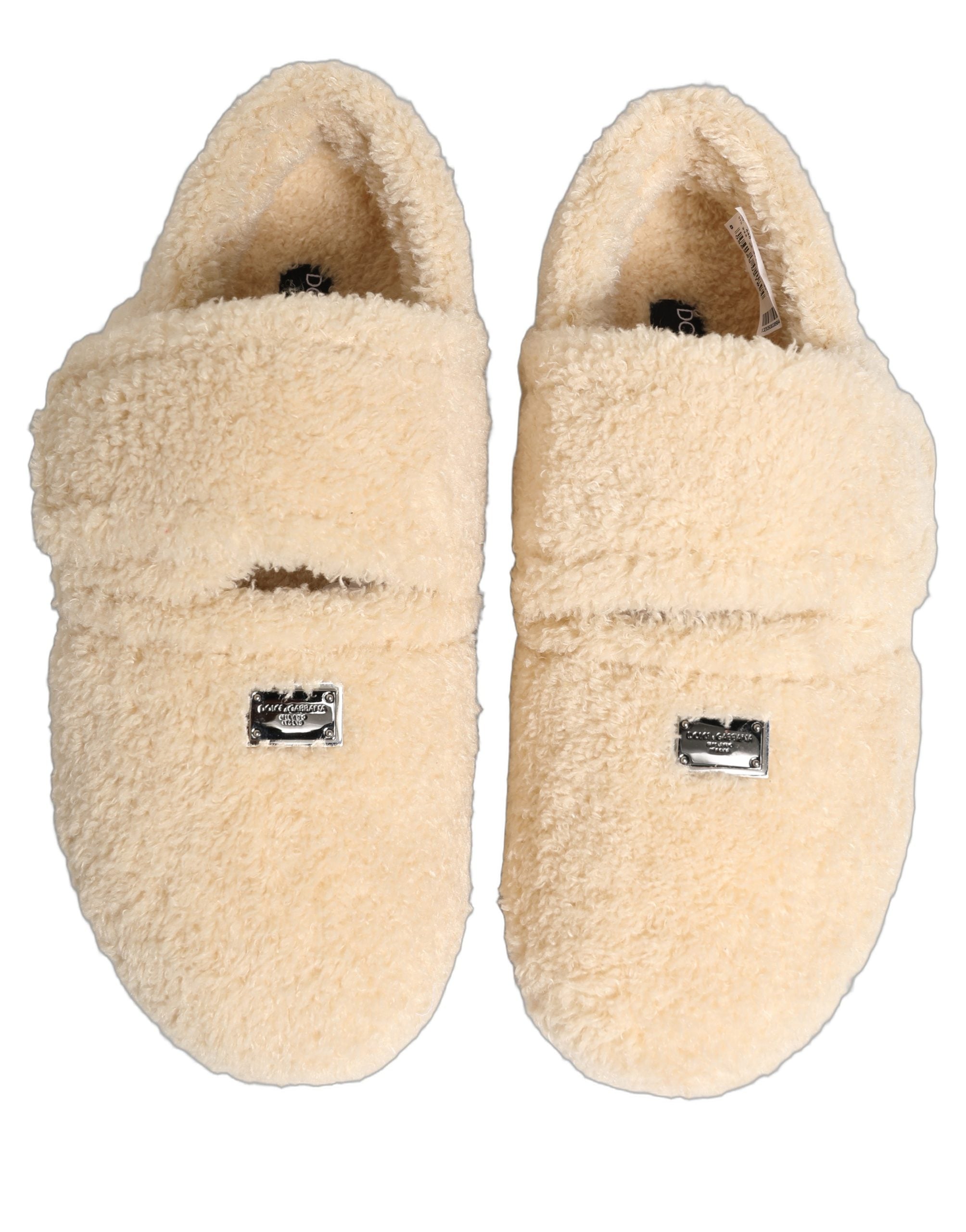 Dolce & Gabbana Beige Faux Fur Pantoletten Herren Sandalen Schuhe