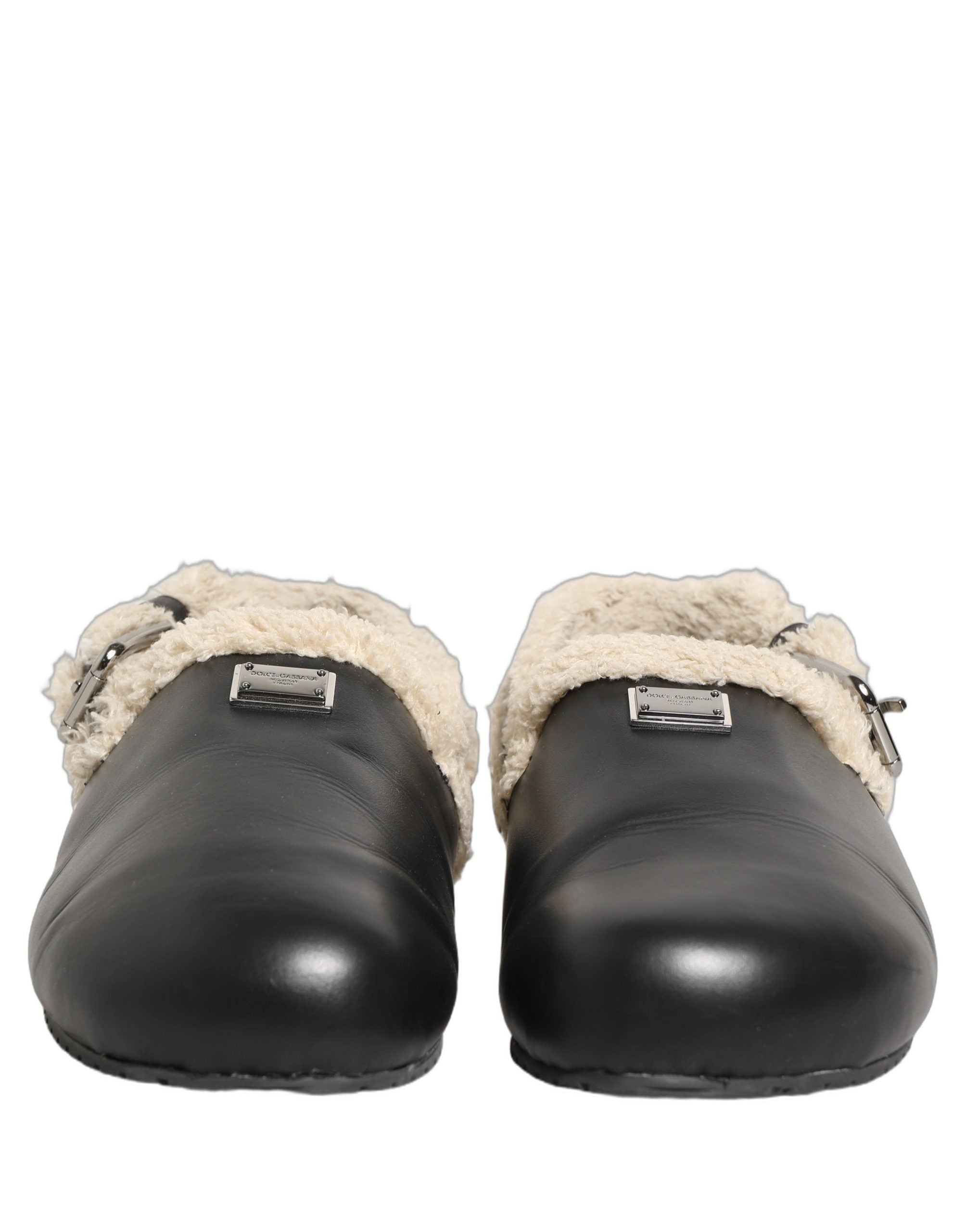 Dolce & Gabbana Beige Schwarze Fell Lammfell Pantoletten Sandalen Schuhe