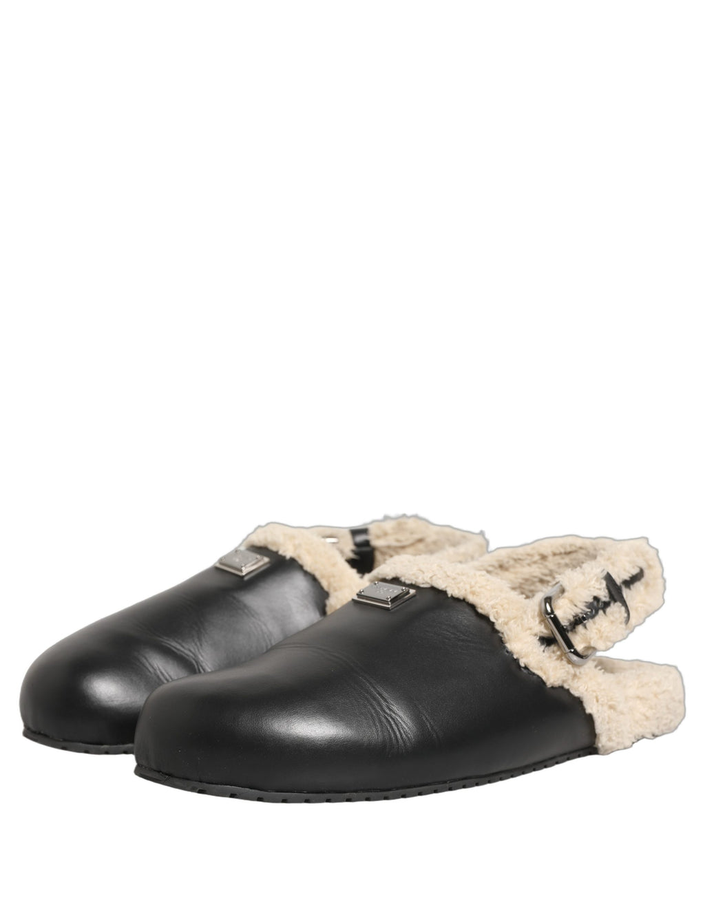 Dolce & Gabbana Beige Schwarze Fell Lammfell Pantoletten Sandalen Schuhe