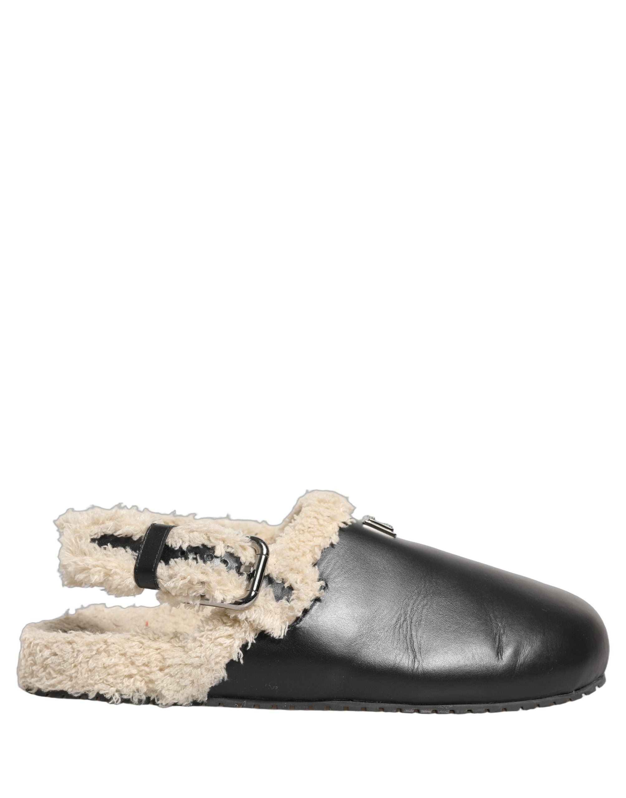 Dolce & Gabbana Beige Schwarze Fell Lammfell Pantoletten Sandalen Schuhe