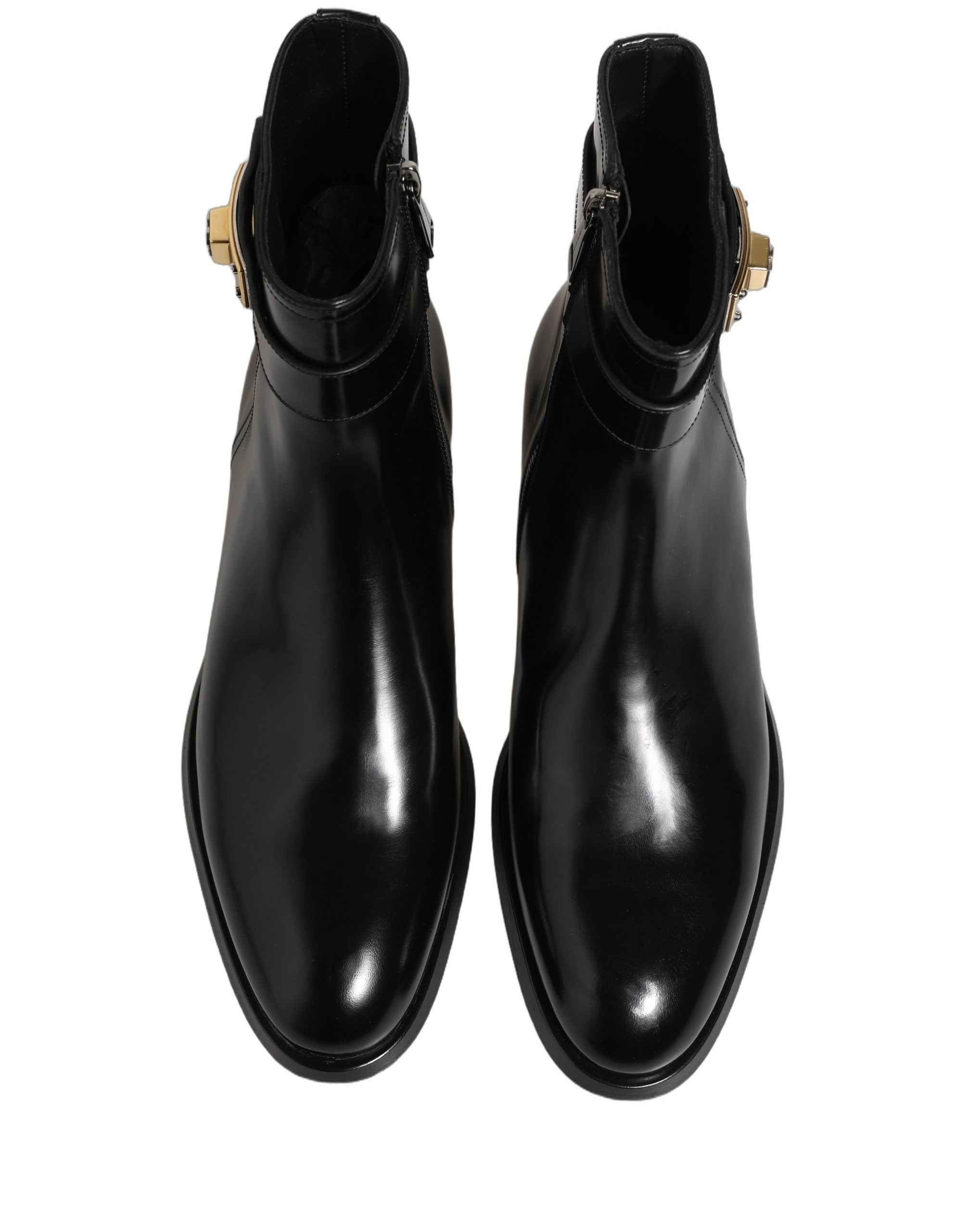 Dolce & Gabbana Schwarze Lederstiefel mit Logo-Schnalle, mittelhoher Schaft