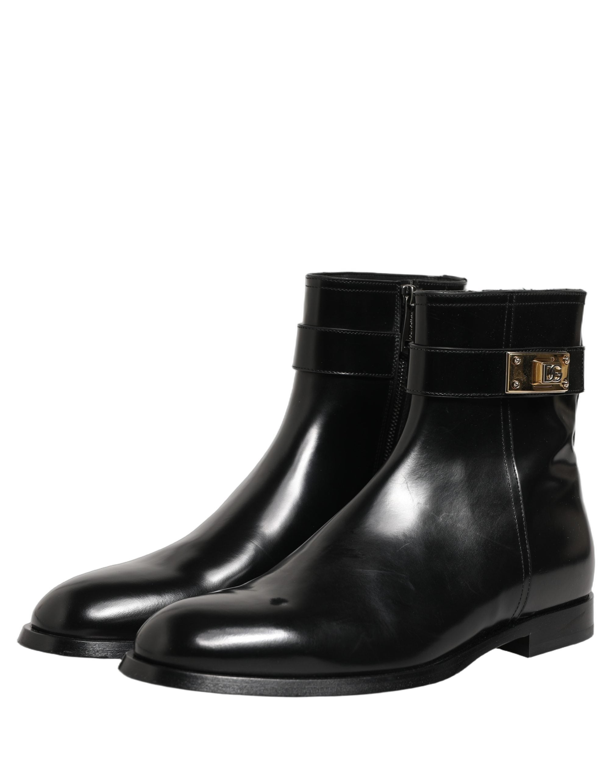 Dolce & Gabbana Schwarze Lederstiefel mit Logo-Schnalle, mittelhoher Schaft