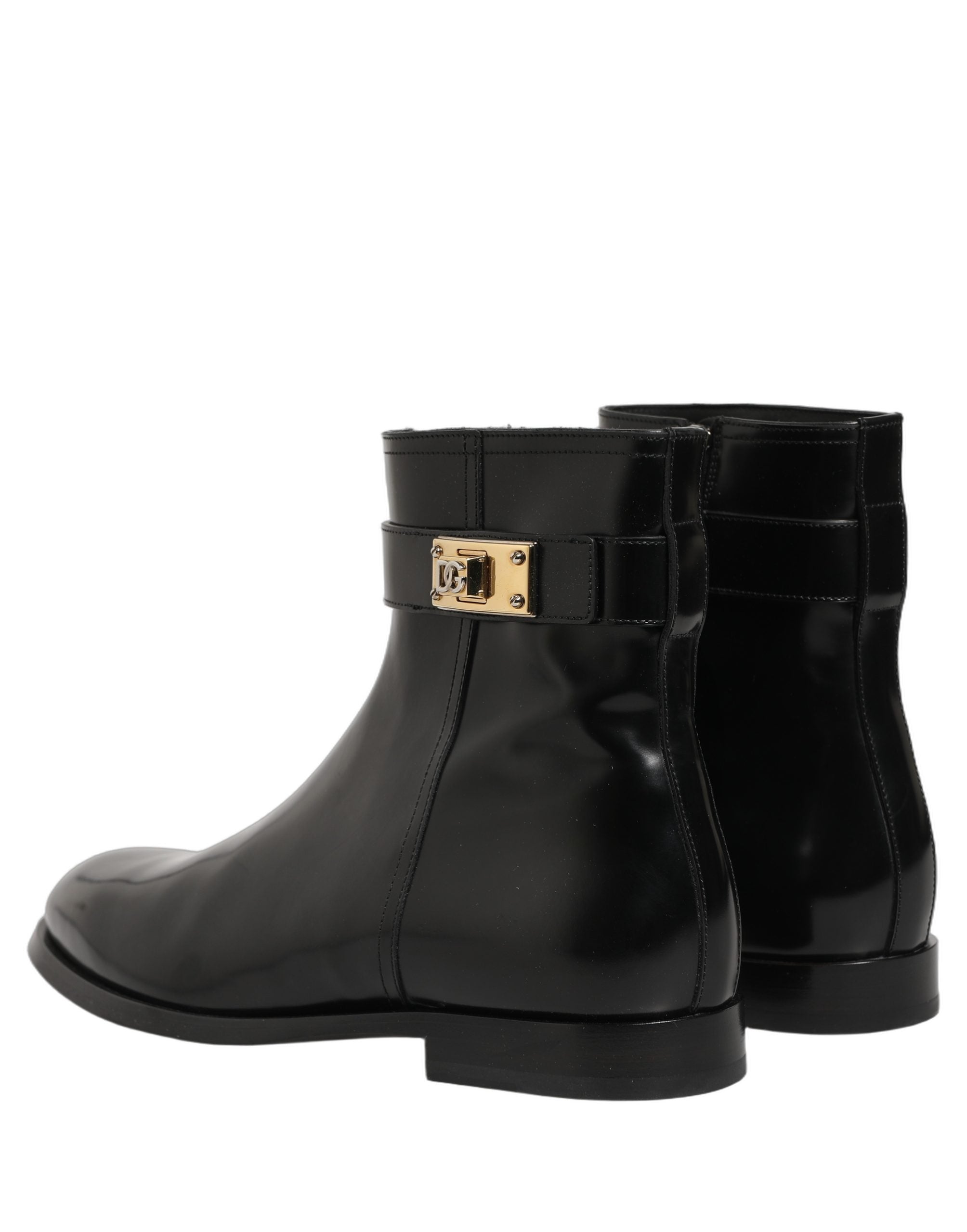 Dolce & Gabbana Schwarze Lederstiefel mit Logo-Schnalle, mittelhoher Schaft