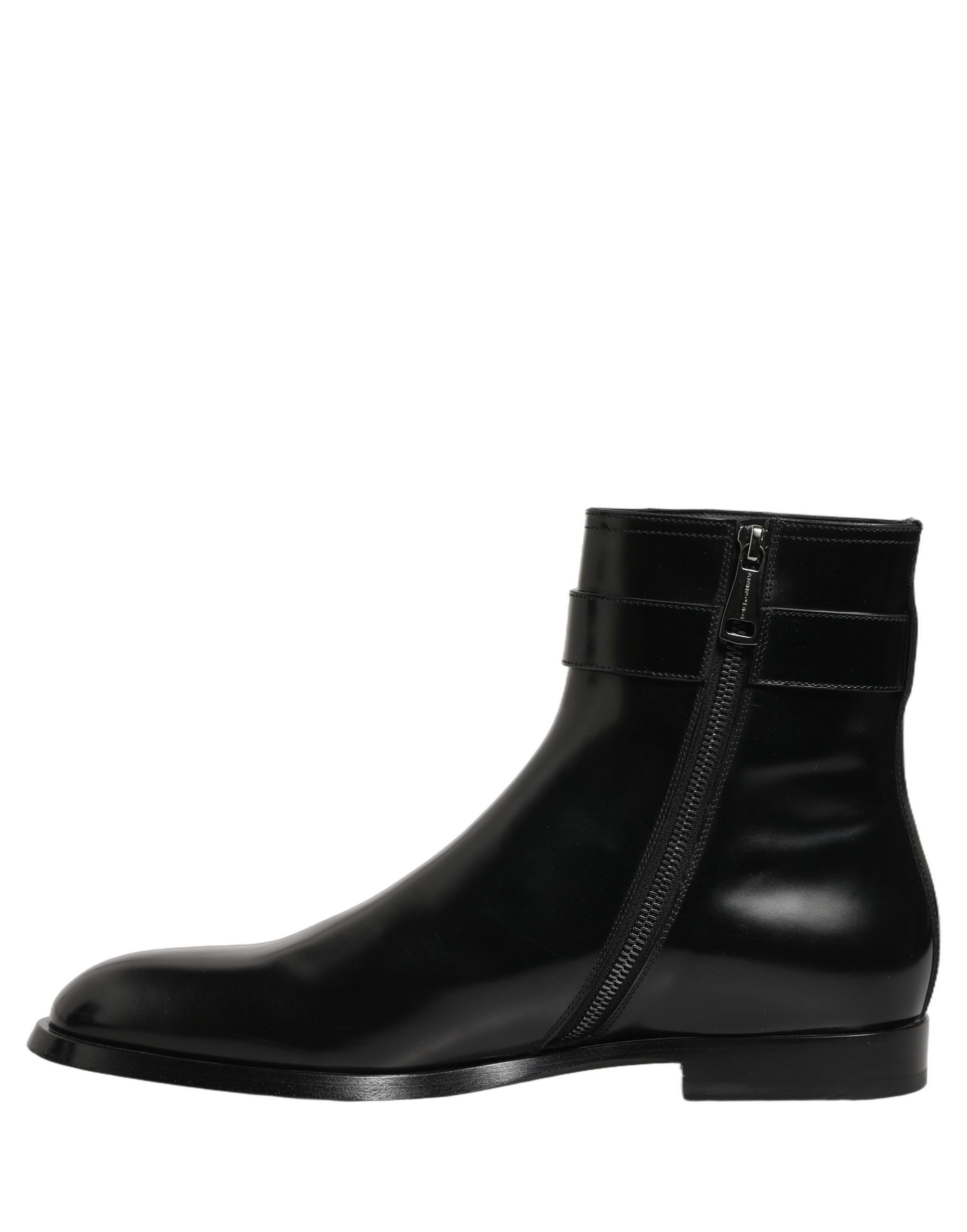 Dolce & Gabbana Schwarze Lederstiefel mit Logo-Schnalle, mittelhoher Schaft