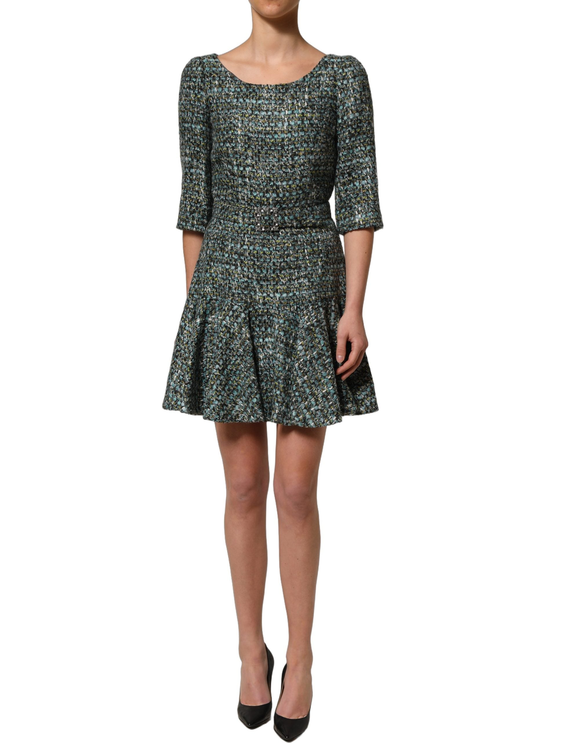 Dolce & Gabbana Mehrfarbiges Tweed-Kleid im Babydoll-Stil mit Gürtel, Mini-Länge