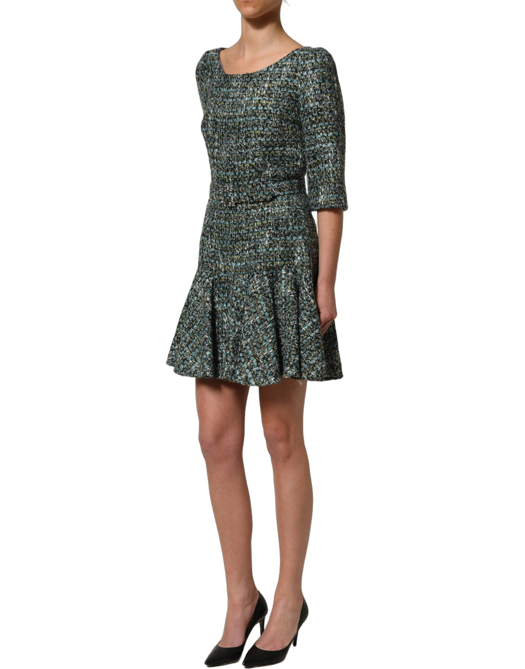 Dolce & Gabbana Mehrfarbiges Tweed-Kleid im Babydoll-Stil mit Gürtel, Mini-Länge