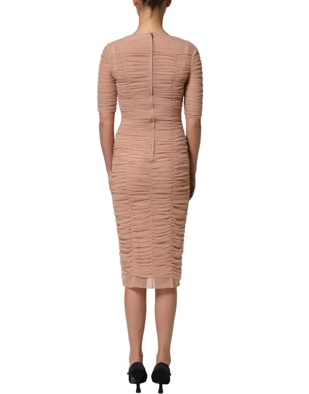 Dolce & Gabbana Beige Baumwoll-Mesh-Raffungen Etuikleid Midi