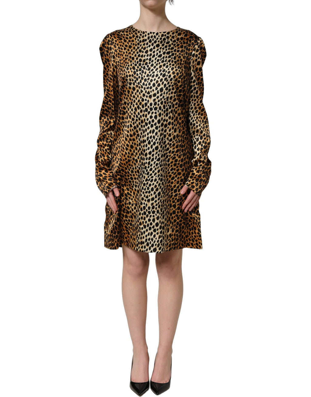 Dolce & Gabbana Braunes Mini-Kleid mit Ozelot-Print und langen Ärmeln