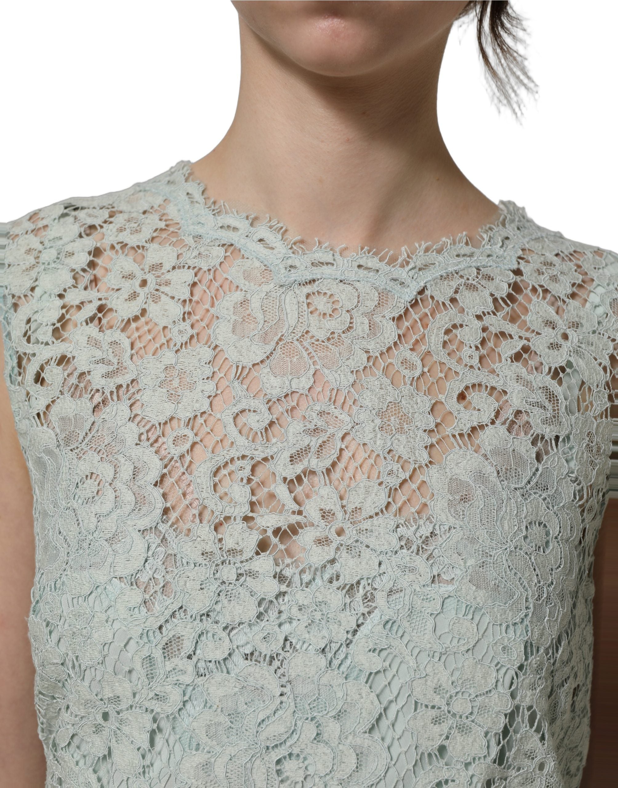 Dolce & Gabbana Mintgrünes ärmelloses Spitzenkleid knielang