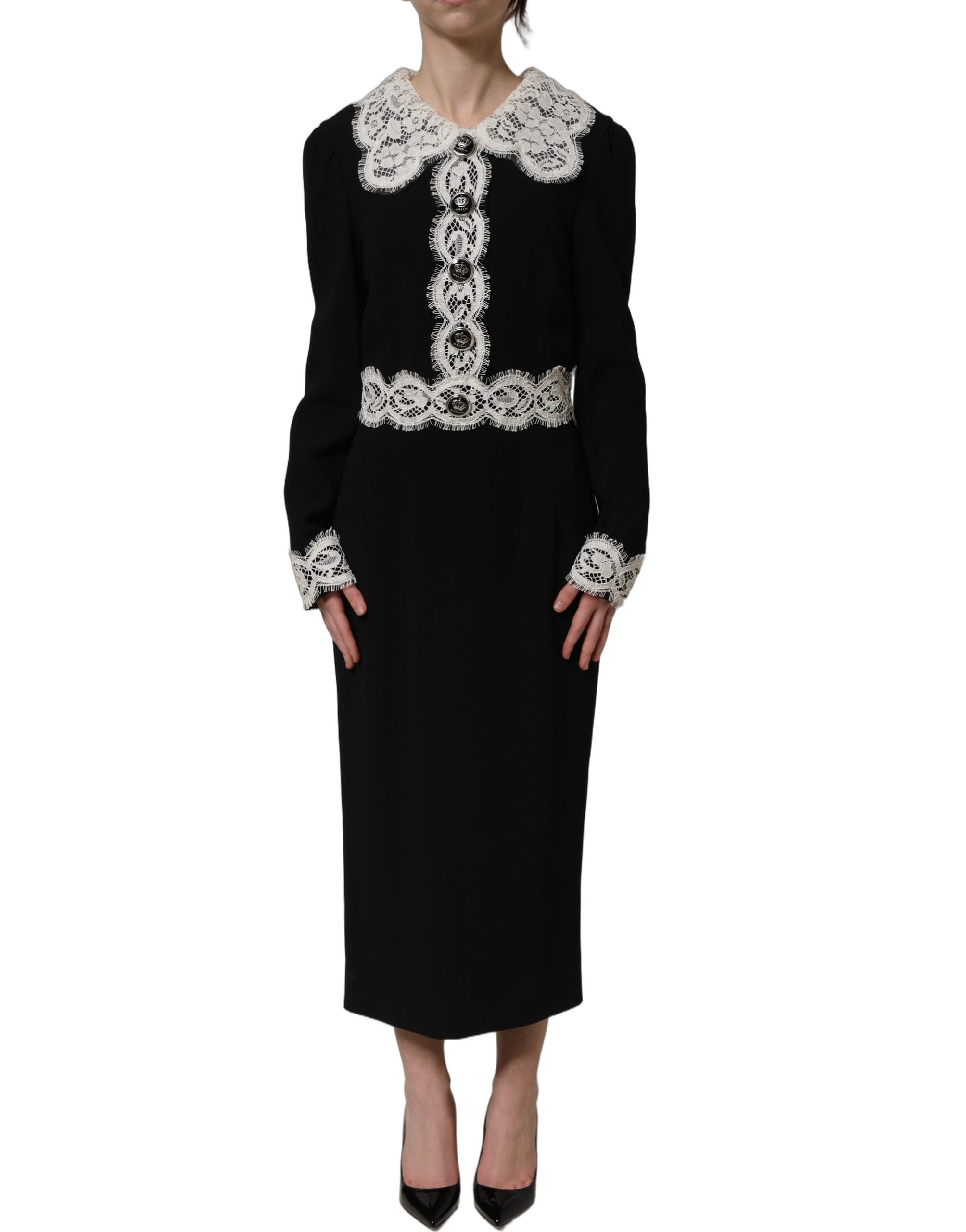 Dolce & Gabbana Midi-Kleid mit langen Ärmeln und schwarzen Spitzendetails
