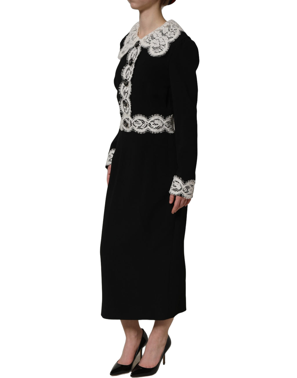 Dolce & Gabbana Midi-Kleid mit langen Ärmeln und schwarzen Spitzendetails