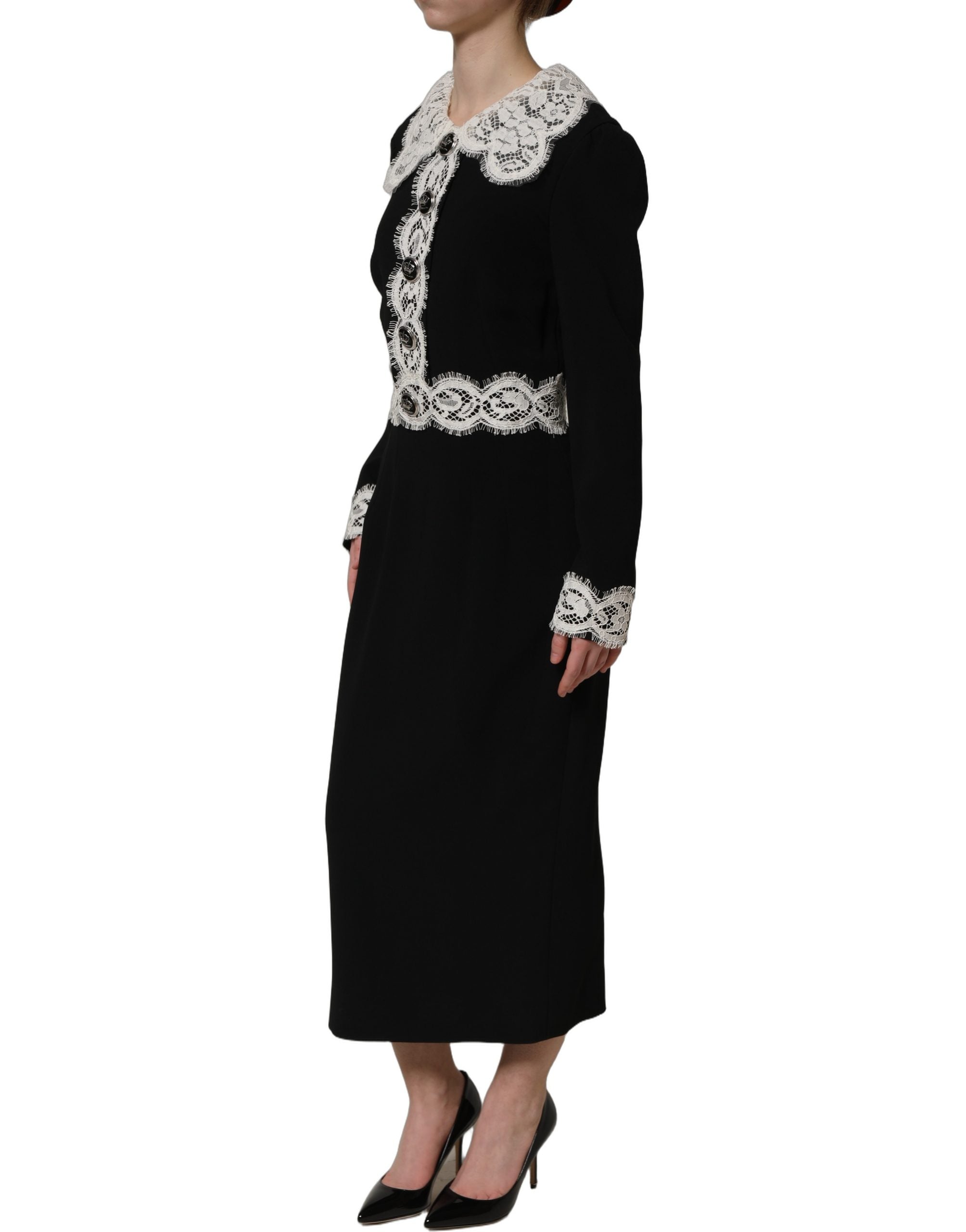 Dolce & Gabbana Midi-Kleid mit langen Ärmeln und schwarzen Spitzendetails