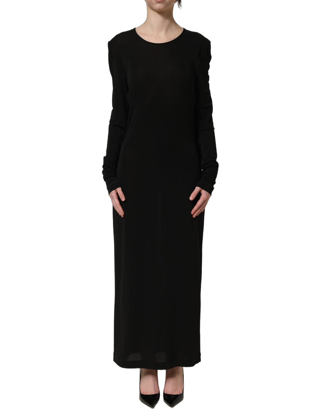 Dolce & Gabbana Schwarzes Maxikleid aus Baumwolle mit langen Ärmeln