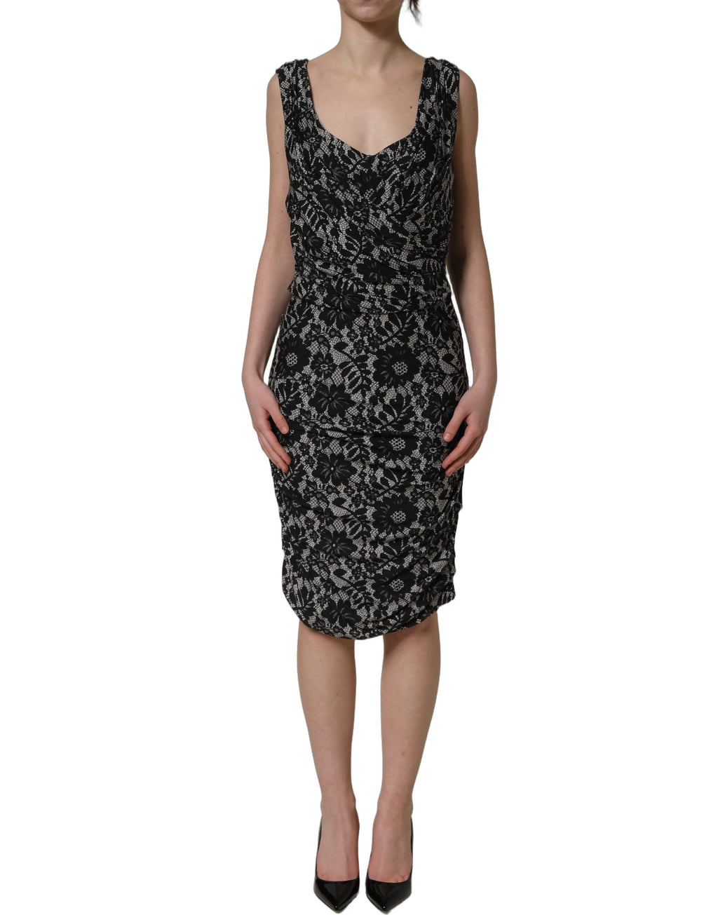 Dolce & Gabbana Ärmelloses Midikleid mit schwarzer und weißer Blumen-Spitze