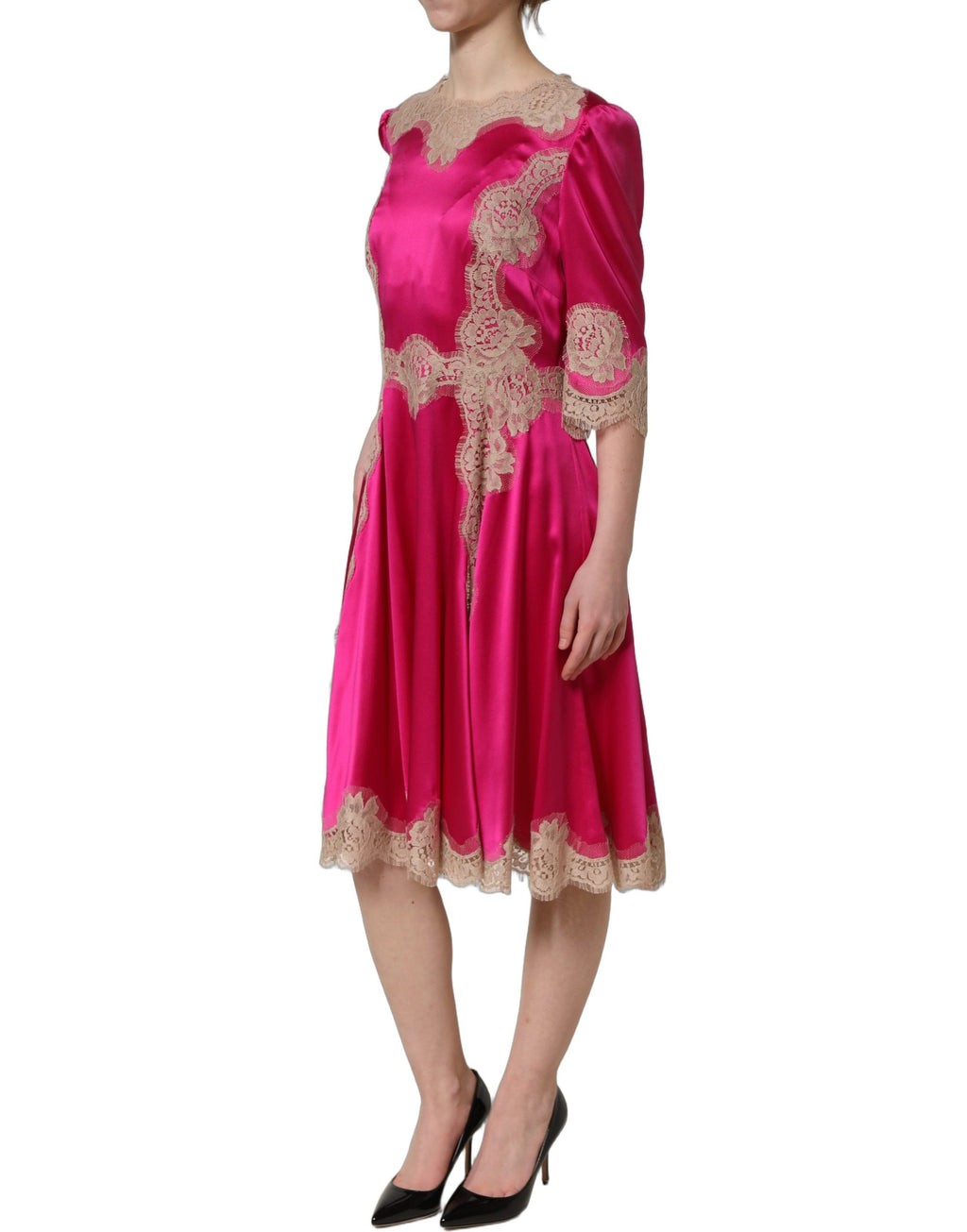 Dolce & Gabbana Fuchsia Pink Spitzen-Detail A-Linien-Midikleid
