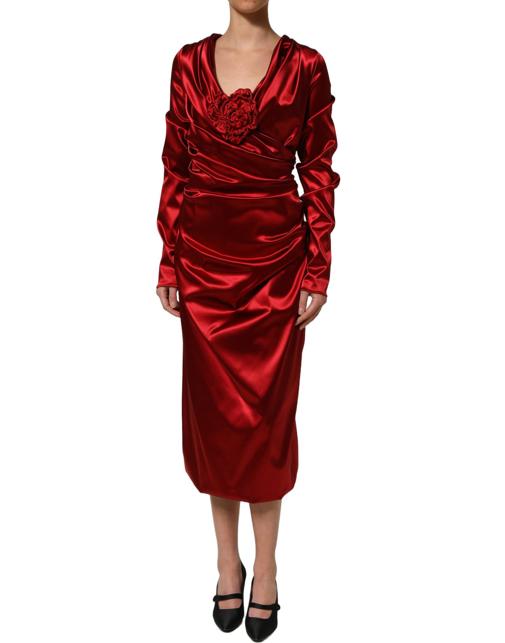 Dolce & Gabbana Rotes Seiden-Satin-Midikleid mit Drapierung und Blumenapplikation