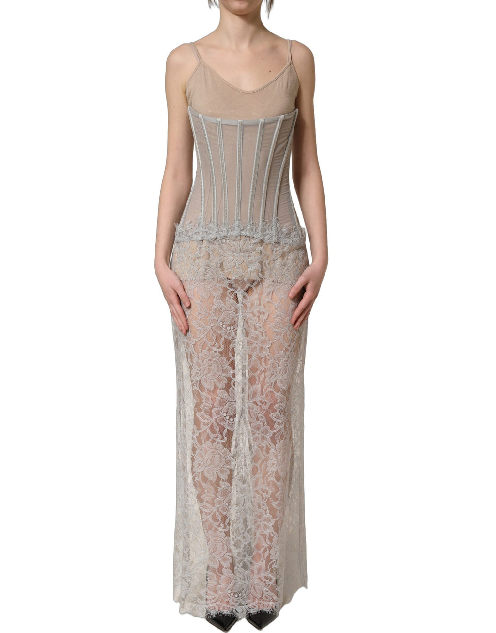 Dolce & Gabbana Graues Spitzenkorsett-Maxikleid