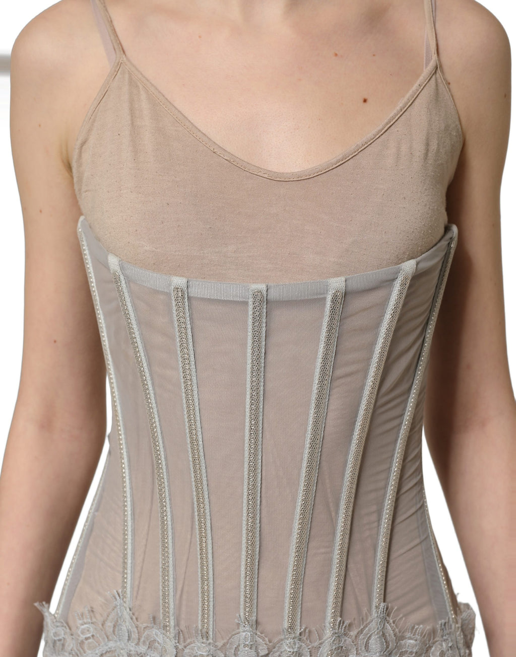 Dolce & Gabbana Graues Spitzenkorsett-Maxikleid